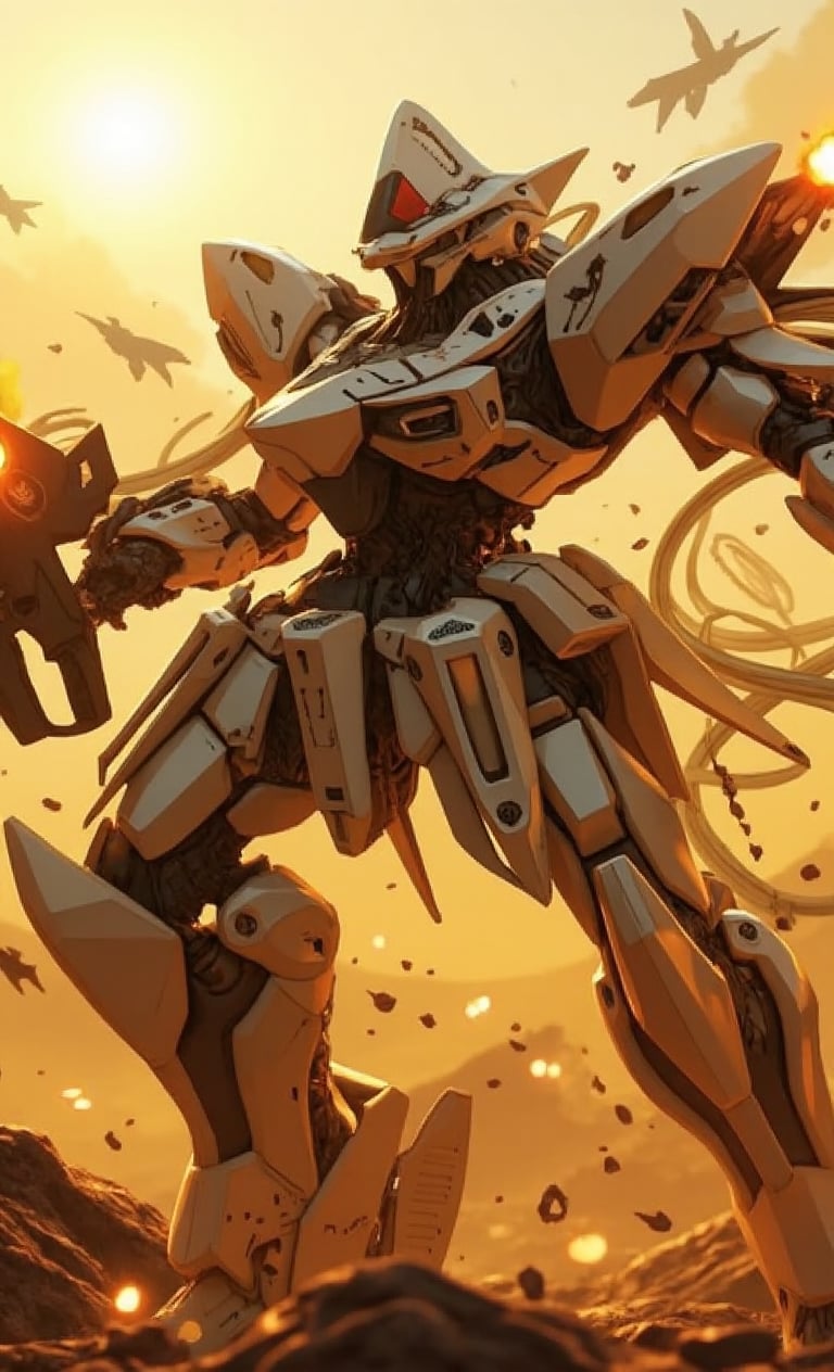 A scorching afternoon sun casts a golden glow upon the robotic mech's metallic body as it unleashes hellfire in a close-up shot. The mech's assault rifle, grasped firmly with both hands, belches flames and smoke from the nozzle as each bullet is fired, causing the weapon to quiver violently. Practical lighting emphasizes the intense action, blurring the background while spotlighting the chaos. Nozzle flash illuminates the surrounding air, motion blur captures the relentless pace of battle, and realistic combat details like dust, sparks, and explosions from the firing add to the ultra-detailed 8K image's photorealistic grandeur.,fantasy robot