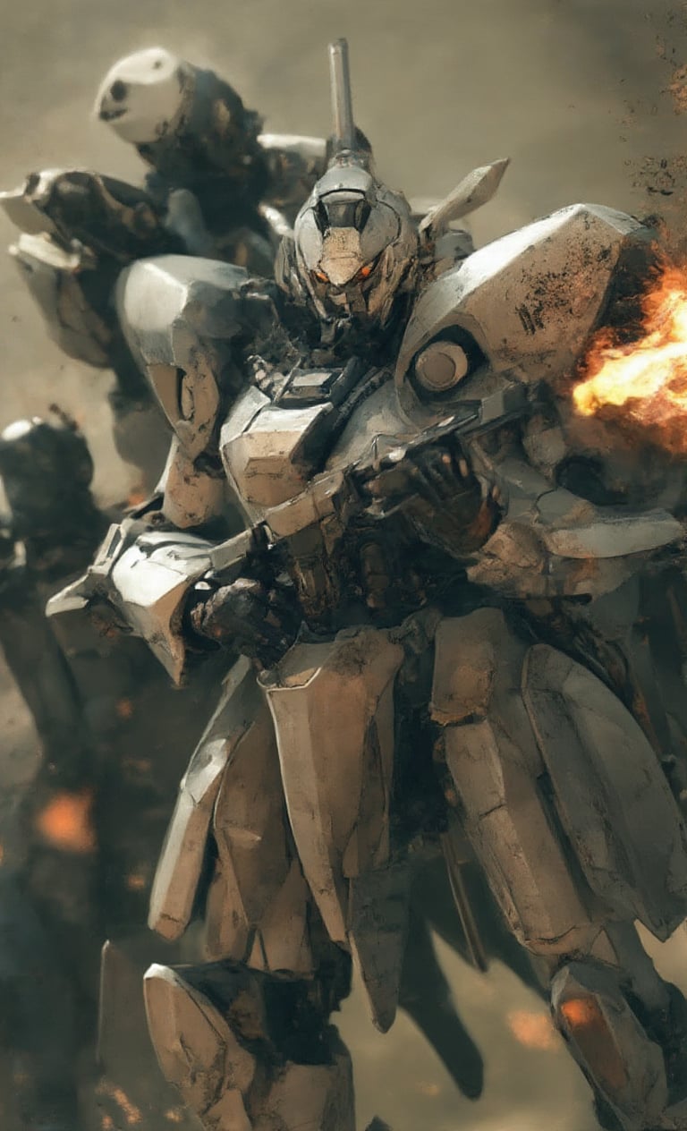 Masterpiece, best quality, ultra-detailed 8K image of an absurdly intense battle scene in the afternoon, rendered photorealistically. A close-up shot captures a dynamic angle of a robotic mech, devoid of humans, gripping an assault rifle with both hands. The mech's shoulder weapon features missile pods, with flames and smoke rising from the nozzle as each bullet is fired, causing the weapon to shake from recoil. Practical lighting enhances the realism, focusing on the action with a blurred background. Sci-fi elements include nozzle flash and fire, motion blur, and realistic combat details like dust, sparks, and explosions from the firing.,fantasy robot