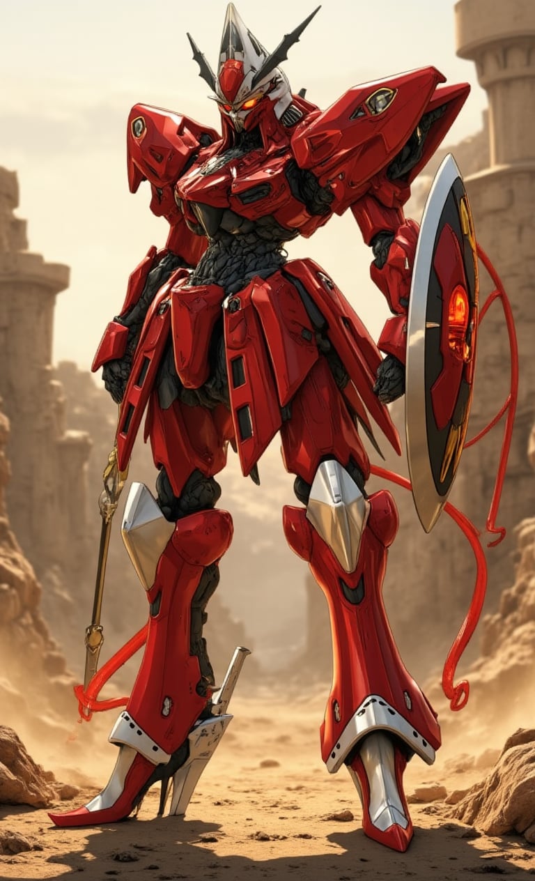 In a sweeping cowboy shot, a majestic mecha rises from the dusty terrain, its red and white armor aglow in the warm sunlight. Equipped with a gleaming sword and shield, it holds them confidently, the sword's radiant glow illuminating its rugged features as the mystical background fades into focus. Mechanisms hum with tension, ready to spring into action, while red, shining eyes pierce the darkness, casting an otherworldly gaze amidst ancient castle ruins.fantasy robot