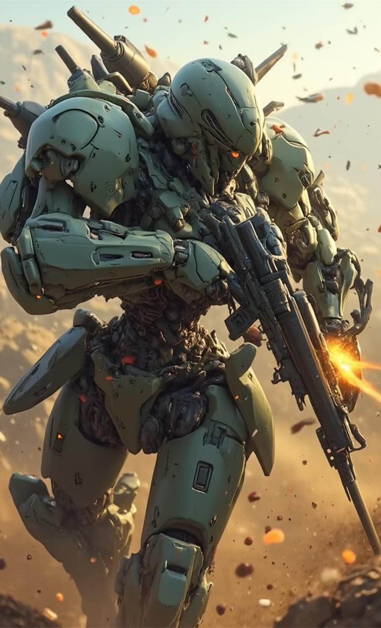 Masterpiece, best quality, ultra-detailed 8K image of an absurdly intense battle scene in the afternoon, rendered photorealistically. A close-up shot captures a dynamic angle of a robotic mech, devoid of humans, gripping an assault rifle with both hands. The mech's shoulder weapon features missile pods, with flames and smoke rising from the nozzle as each bullet is fired, causing the weapon to shake from recoil. Practical lighting enhances the realism, focusing on the action with a blurred background. Sci-fi elements include nozzle flash and fire, motion blur, and realistic combat details like dust, sparks, and explosions from the firing.,fantasy robot