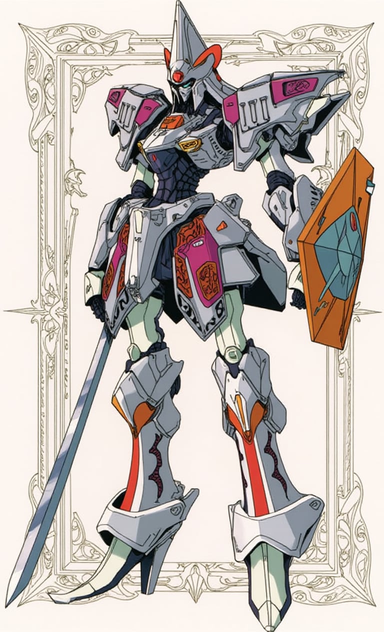 A majestic mech robot stands solo, posed with confidence, its slender body adorned with vibrant hues and angular lines. A great sword is held firmly in one hand, while a large shield is grasped tightly in the other. The robot's torso is encased in bulky shoulder armor, adding to its intimidating stature. Against a decorated frame background, the mech's random body colors seem to shimmer and glow. In a burst of creative energy, a double exposure effect overlays the scene with subtle depth and texture.,fantasy robot