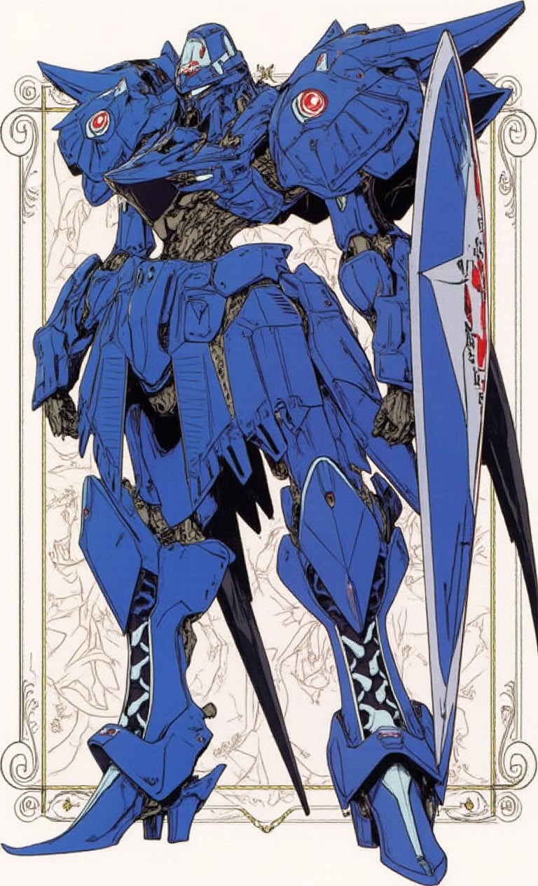 Spectacular, robot, mecha, solo, looking at viewer, full body, standing, sword, large shield, extra large shoulder armor on both shoulders, blue color scheme of the mech, dull glowing eyes, decorated frame background, depth of field, fine details, simple background, no people, sharp image, clean image, sci-fi,fantasy robot