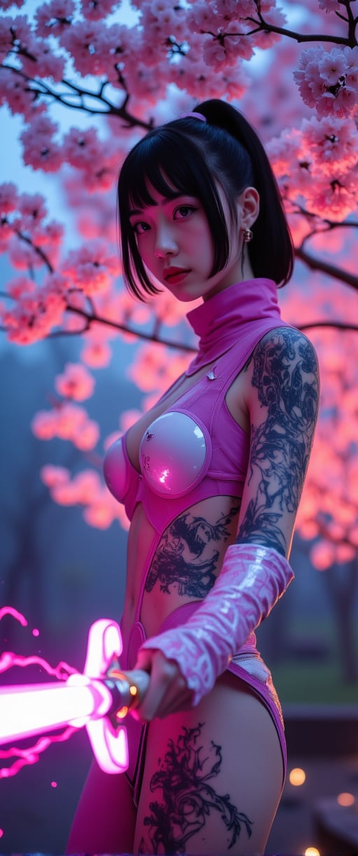  A woman in glowing armour, pink plates of armour protect her body, while delicate cherry blossom drifts gently down from a nearby tree. Her glowing sword dazzles with electrical arcing in the twilight of an atmospheric evening amazing quality, masterpiece, best quality, hyper detailed, ultra detailed, glowing pink, perfect anatomy, blurry background, outdoor, cherry blossoms, fog, studio lighting, bright foreground, face to viewer, glowing(pink hybrid white) Armour, female, holding, sword with electrical shine carving, ponytail, glowing, shine, dazzling Amidst the haunting atmosphere, her elegant posture exudes enchanting contrast, inviting us into her mysterious world.,ct-hyuntity,ct-colority,ct-fantasitity,ct-fantasy,ct-amantity,ct-chasartre