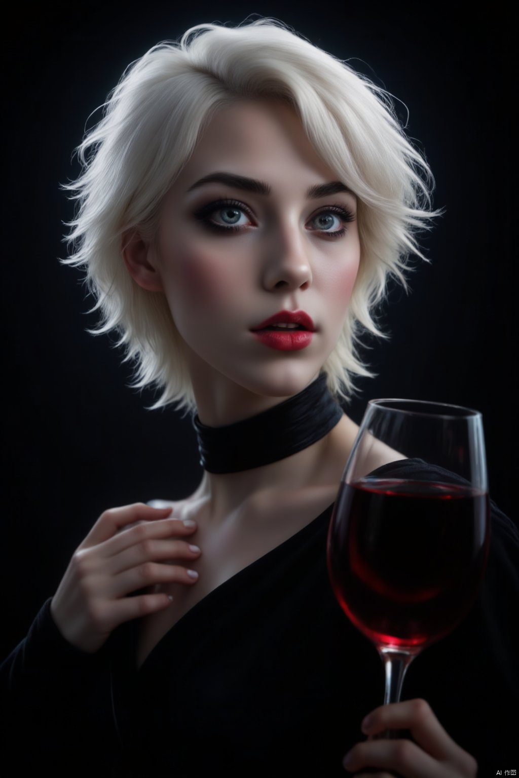 A girl, 20 years old, mature royal elder sister, Is a powerful black wizard, special effects, light, powerful aura,white-haired witch, red lips, parted lips, eye shadow, open eyes, staring at the camera, portrait photo, halo behind her, bare shoulders, holding a red wine glass,ZAVY-DRKCNMTC, DEEP SHADOWS,CINEMATIC DARKNESS, UNDEREXPOSED,CHIAROSCURO, ATMOSPHERIC HAZE,LOW-KEY LIGHTING,BV-BETDIGPOR,AIDMAREALISTICPEOPLEPHOTOGRAPH,BV-BETDIGPOR 