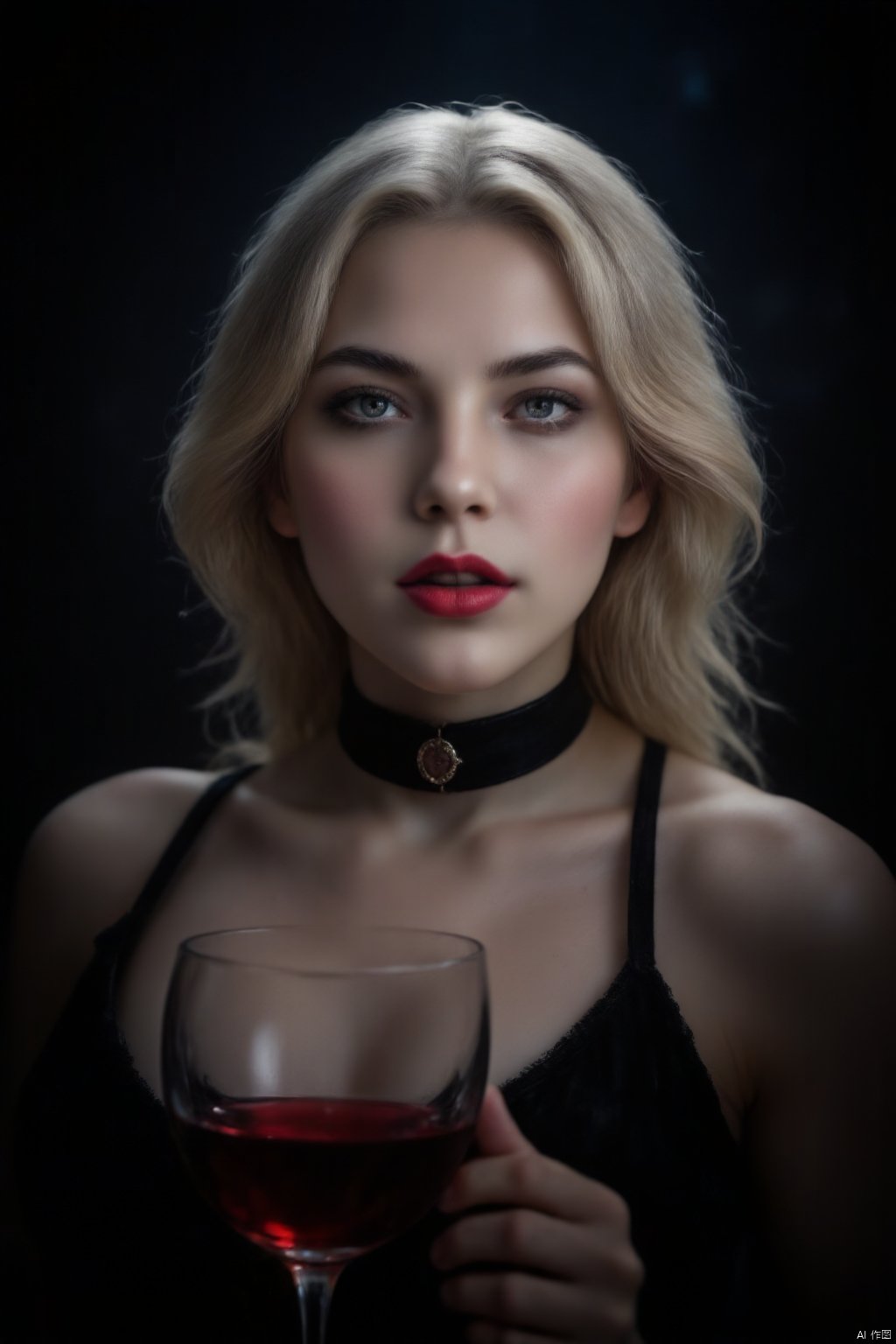 A girl, 20 years old, mature royal elder sister, Is a powerful black wizard, special effects, light, powerful aura,white-haired witch, red lips, parted lips, eye shadow, open eyes, staring at the camera, portrait photo, halo behind her, bare shoulders, holding a red wine glass,ZAVY-DRKCNMTC, DEEP SHADOWS,CINEMATIC DARKNESS, UNDEREXPOSED,CHIAROSCURO, ATMOSPHERIC HAZE,LOW-KEY LIGHTING,BV-BETDIGPOR,AIDMAREALISTICPEOPLEPHOTOGRAPH,BV-BETDIGPOR 