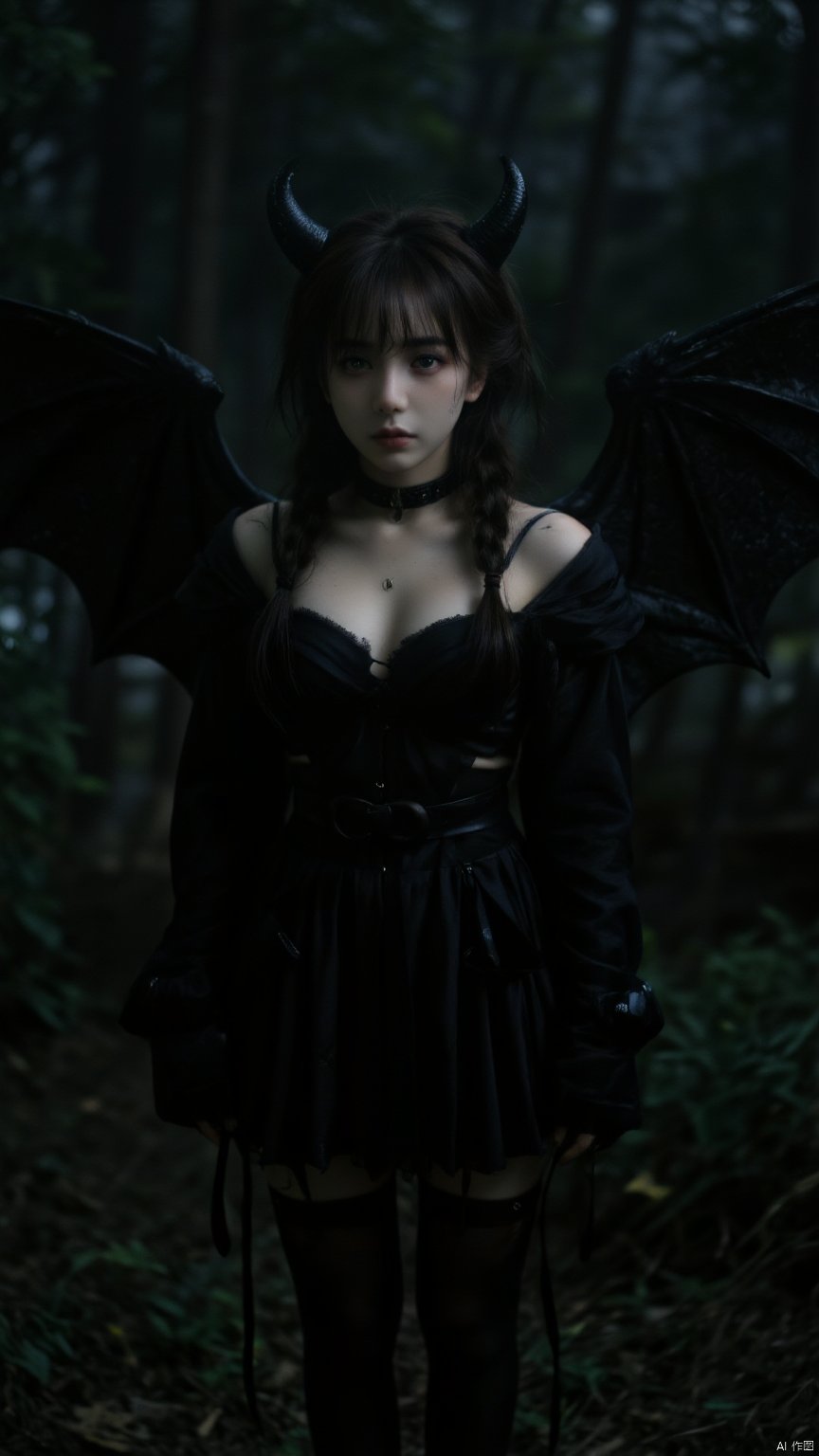  BREAK, full body, full lengh shot, long legs,standing pose,1woman portrait, beautiful, dramatic lights ((Succubus, Demon Girl, Succub, horns, goth, goth girl, goth makeup, green eyes, wings, bat wings grey skin, grey colored skin, black hair, long braided ponytail, bangs, side bangs, happy, smug))
,masterpiece,4k,highly detailed,award winning artwork,fantasy anime standing painting style,ZAVY-DRKCNMTC, DEEP SHADOWS,CINEMATIC DARKNESS, UNDEREXPOSED,CHIAROSCURO, ATMOSPHERIC HAZE,LOW-KEY LIGHTING