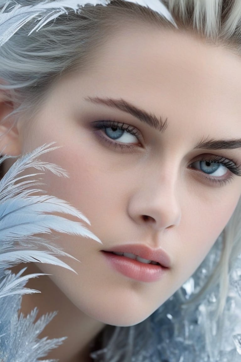 In this hyperrealistic close-up shot, Kristen Stewart's youthful face, with white hair and blue-gray hues, is mesmerizing as she draws herself on a heavily frosted mirror. Her finger etches intricate patterns into the thick layer of ice, creating a super impressive, marine-painting-like effect. The alternating lighting casts a dramatic contrast between the frosted and cleared areas, highlighting the crystalline ice formations, delicate feathers, and swirls that cover the mirror's surface. Visible ice crystals add to the frozen ambiance, while an ethereal glow emanates from light refracting through the ice, amplifying the magical quality of this surreal scene.