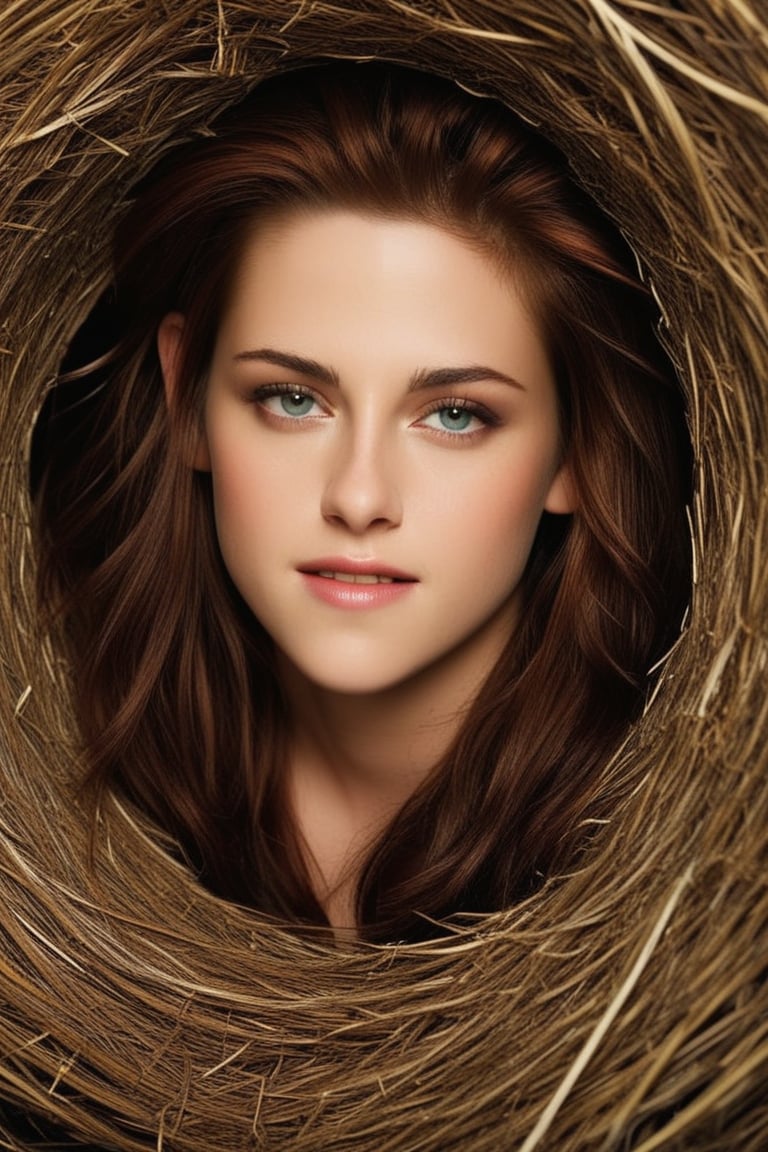 A captivating 3D close-up render of Kristen Stewart's face as she peers into the mysterious rabbit hole in Wonderland. Created using advanced 3D modeling software with hyper-realistic textures and lighting.

Pose and Framing:
- Kristen Stewart's face fills most of the frame, tilted slightly as she leans towards the hole
- One of her hands visible, reaching out to touch the edge of the rabbit hole
- Strands of her hair falling forward, framing her face

Rabbit Hole:
- Edge of the hole visible in the foreground, taking up the bottom third of the image
- Swirling, spiral-like patterns visible inside the hole
- Soft, ethereal glow emanating from within

Lighting and Atmosphere:
- Dramatic contrast between the dark forest and the glowing rabbit hole
- Magical light from the hole reflecting in Kristen Stewart's wide eyes
- Subtle rim lighting on Kristen Stewart's hair, creating a halo effect

Details and 3D Techniques:
- Extremely high polygon count for Kristen Stewart's face, capturing every detail
- Subsurface scattering on Kristen Stewart's skin for a lifelike appearance
- Depth of field effect, with sharp focus on Kristen Stewart's eyes and the edge of the hole
- Particle effects like dust or small glowing spores floating near the hole

Color Palette:
- Warm, golden light from the rabbit hole
- Cool, blue-green tones for the surrounding forest
- Pale skin tones and rosy cheeks for Alice
- Vibrant blue for Kristen Stewart's eyes, reflecting the magical light

Composition:
- Extreme close-up, with Kristen Stewart's face and the rabbit hole edge as the focal points
- Dutch angle to add a sense of disorientation and wonder

Post-processing:
- Subtle glow around the edges of the frame for a dreamy effect
- Slight color grading to enhance the contrast between the warm glow and cool shadows
- Micro-contrast adjustment to bring out the fine details in Kristen Stewart's face

The overall effect should be an intimate, hyper-realistic 3D portrait that captures Kristen Stewart's intense curiosity and wonder as she discovers the rabbit hole, drawing the viewer into her moment of fascination and the beginning of her adventure.