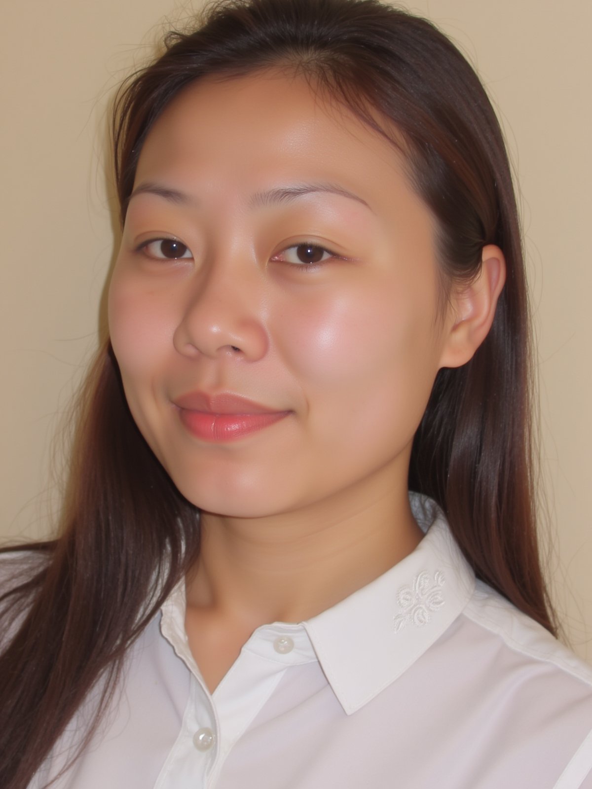 A close-up shot of a young Asian woman with long dark brown hair and brown eyes. She is wearing a white collared button down shirt with white embroidery on the collar. Her lips are a vibrant shade of pink. Her eyebrows are a light brown and her eyes are a darker shade of brown. She has a slight smile on her face. The backdrop is a light beige wall.


