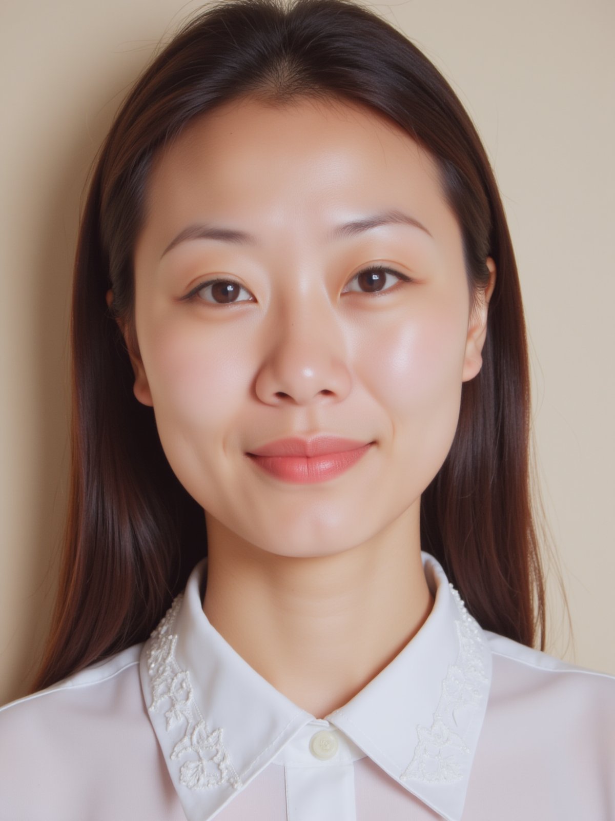 A close-up shot of a young Asian woman with long dark brown hair and brown eyes. She is wearing a white collared button down shirt with white embroidery on the collar. Her lips are a vibrant shade of pink. Her eyebrows are a light brown and her eyes are a darker shade of brown. She has a slight smile on her face. The backdrop is a light beige wall.


