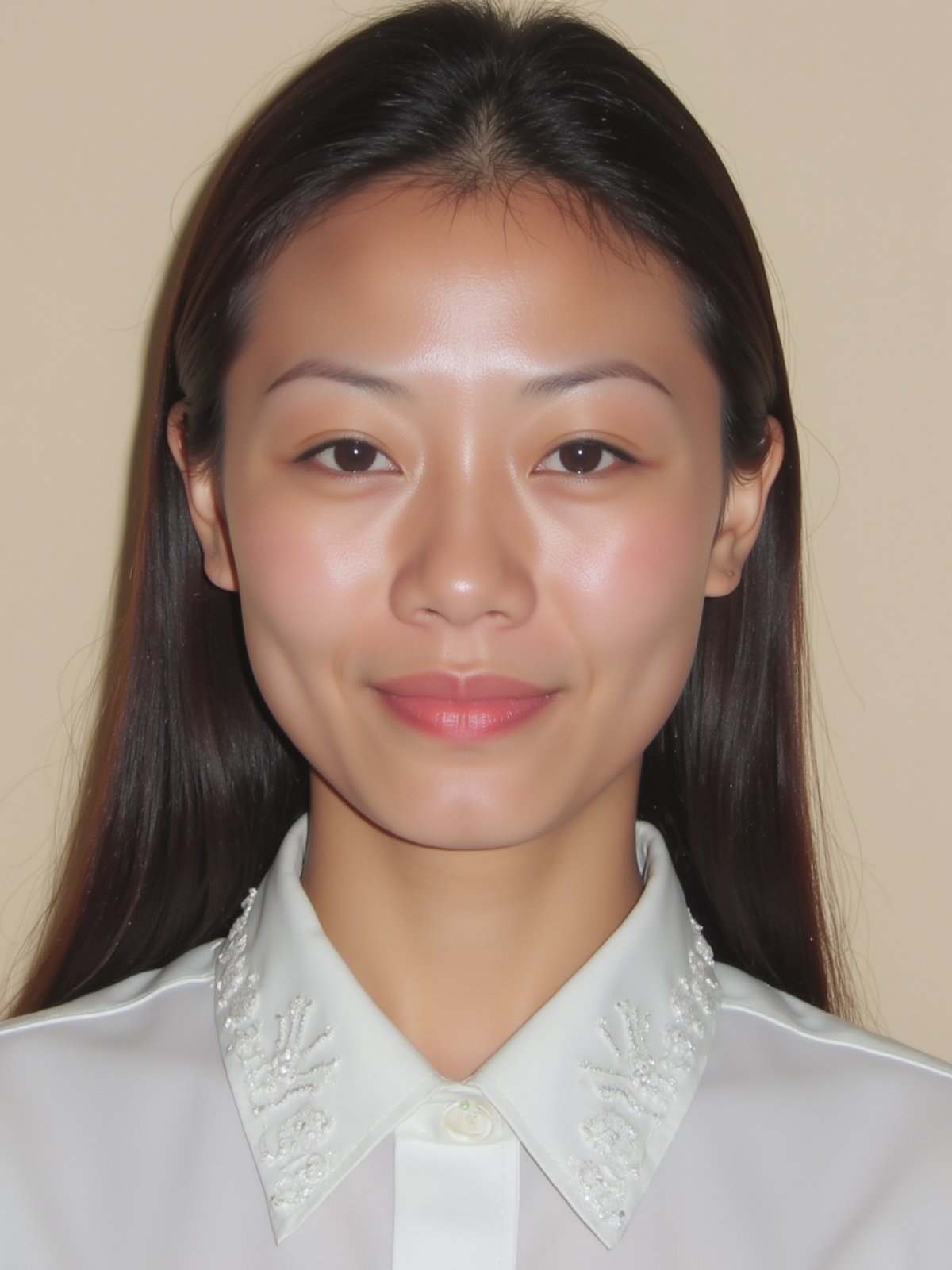 A close-up shot of a young Asian woman with long dark brown hair and brown eyes. She is wearing a white collared button down shirt with white embroidery on the collar. Her lips are a vibrant shade of pink. Her eyebrows are a light brown and her eyes are a darker shade of brown. She has a slight smile on her face. The backdrop is a light beige wall.


