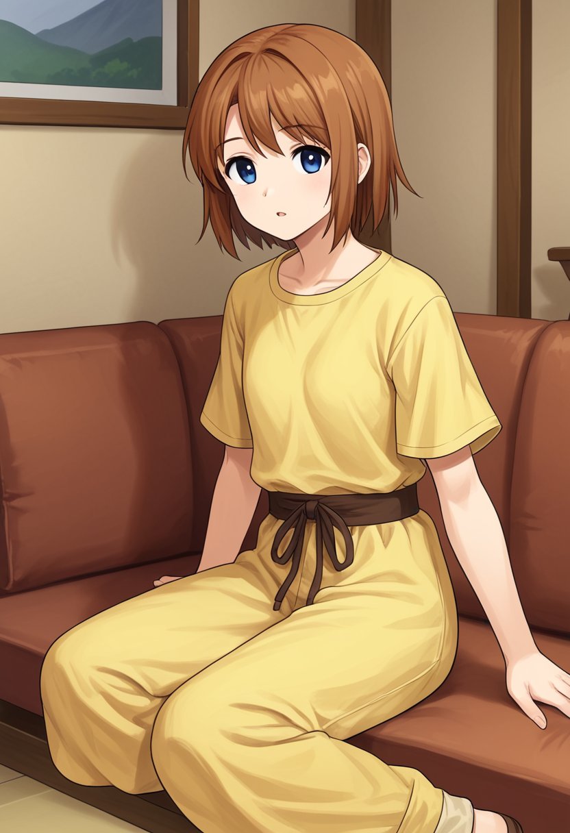 1girl, solo, vieseaitwo, brown hair, short hair, blue eyes, yellow shirt, short sleeves, baggy pants, indoors, sitting, on sofa, old house, looking at viewer, parted lips