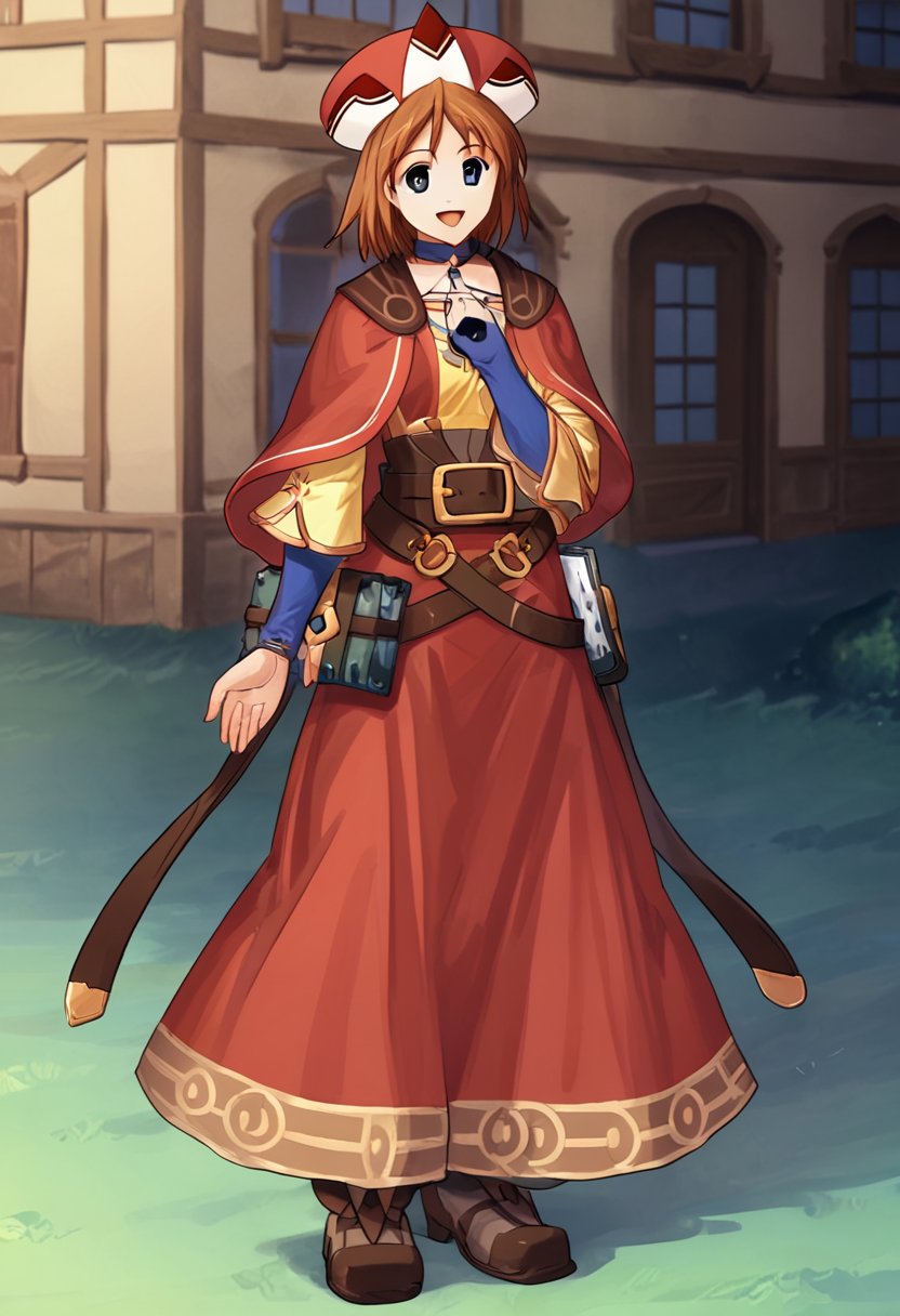 1girl, solo, vieseaitwo, brown hair, short hair, blue eyes, hat, choker, jewelry, ring, red capelet, yellow shirt, bridal gauntlets, belt, books, red skirt, long skirt, boots, outdoors, village, standing, looking at viewer, smile, open mouth, facing the viewer, full body,