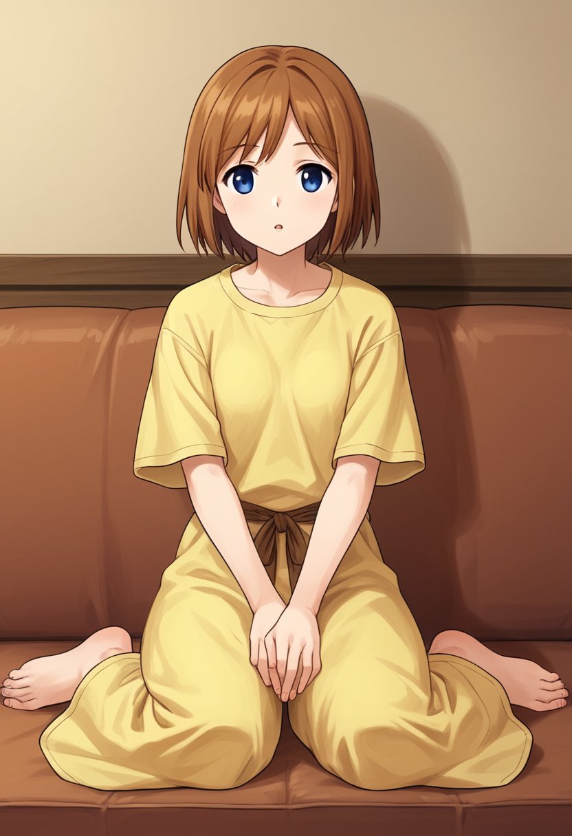 1girl, solo, vieseaitwo, brown hair, short hair, blue eyes, yellow shirt, short sleeves, baggy pants, indoors, sitting, on sofa, old house, looking at viewer, parted lips