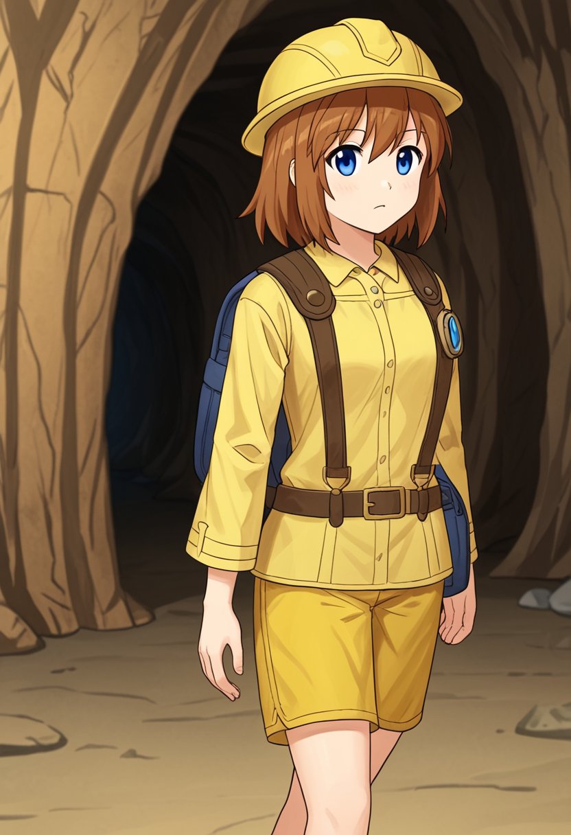 1girl, solo, vieseaitwo, brown hair, short hair, blue eyes, hardhat, yellow shirt, shor sleeves, yellow shorts, archeology outfit, bag, backpack, cave interior, cavern, standing, walking, cowboy shot