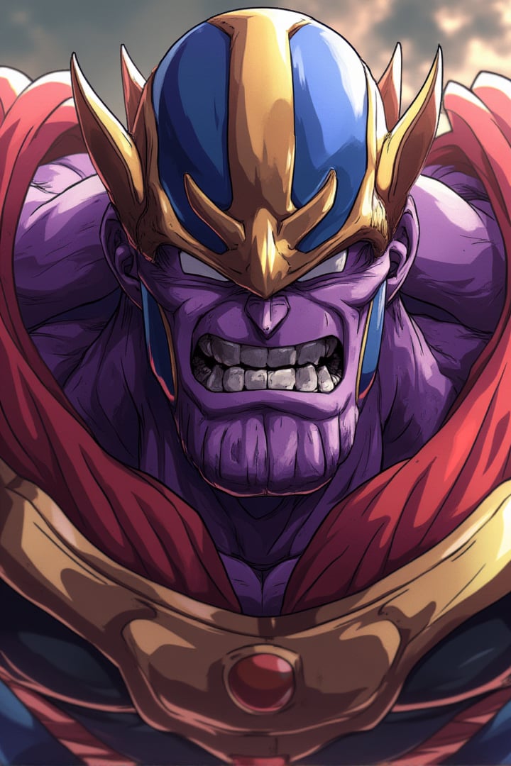 Angry Thanos, Dragon Ball anime style, key visual, vibrant, studio anime,  highly detailed, theContenderz