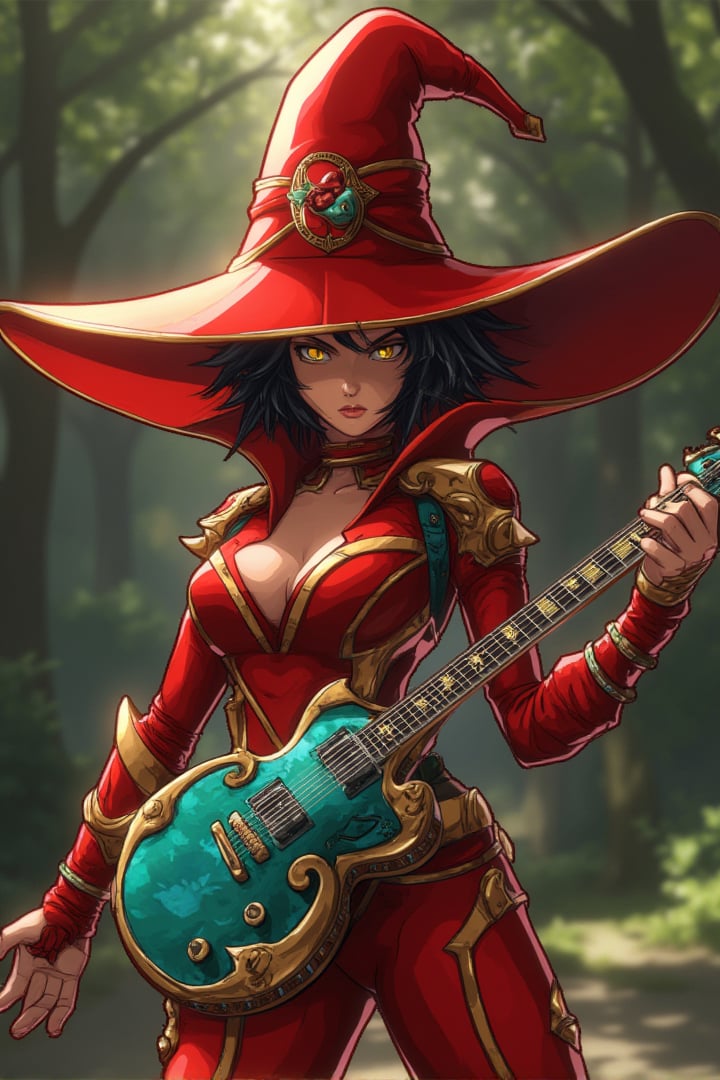 a striking woman, wearing a vibrant red form-fiting battle outfit with gold accents, including a tall, wide-brimmed red witch's hat with a mystical emblem, The character has short black hair and a confident smirk, with deep, captivating eyes, She wields a turquoise electric guitar with intricate details and is posed dynamically as if about to perform or cast a spell, Her outfit combines a magical warrior aesthetic with futuristic elements, including fingerless gloves, a revealing chest plate, and high-tech armor pieces around her legs, The lighting should highlight the texture of her outfit and the shine of her guitar, Dragon Ball anime style, key visual, vibrant, studio anime,  highly detailed, theContenderz