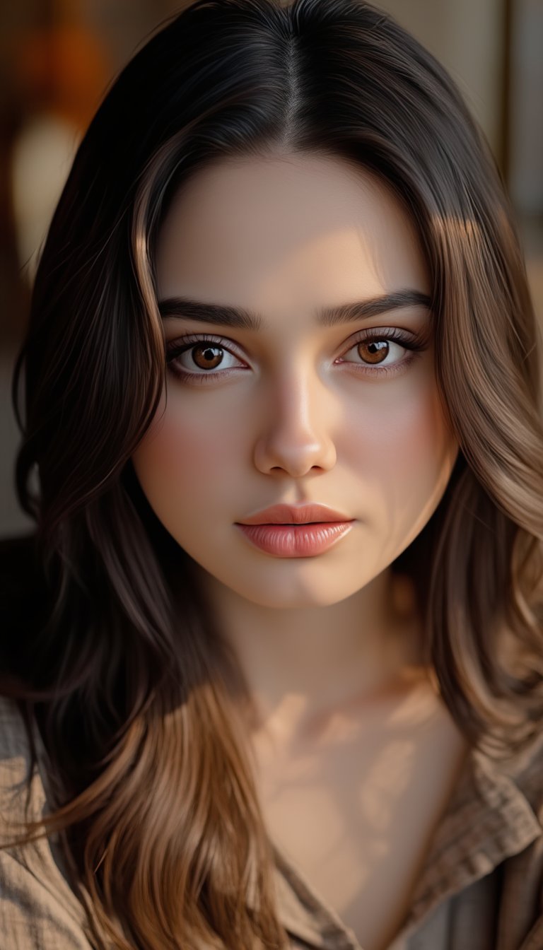 A close-up shot of a woman sitting in a cozy cafe, her pale white skin and pink lips glisten under the warm lighting. Her clear, dark eyes seem to sparkle with intensity as she gazes directly at the camera. The detailed features of her face are rendered in photorealistic clarity, capturing every nuance of her expression. Her hair, equally meticulously detailed, falls softly around her face like a gentle veil. In this Kodak moment, frozen in time like a Goy Rey painting come to life, the subject's raw beauty is heightened by the subtle play of light and shadow. Octane render perfection captures every texture, every curve, and every whisper of her presence.