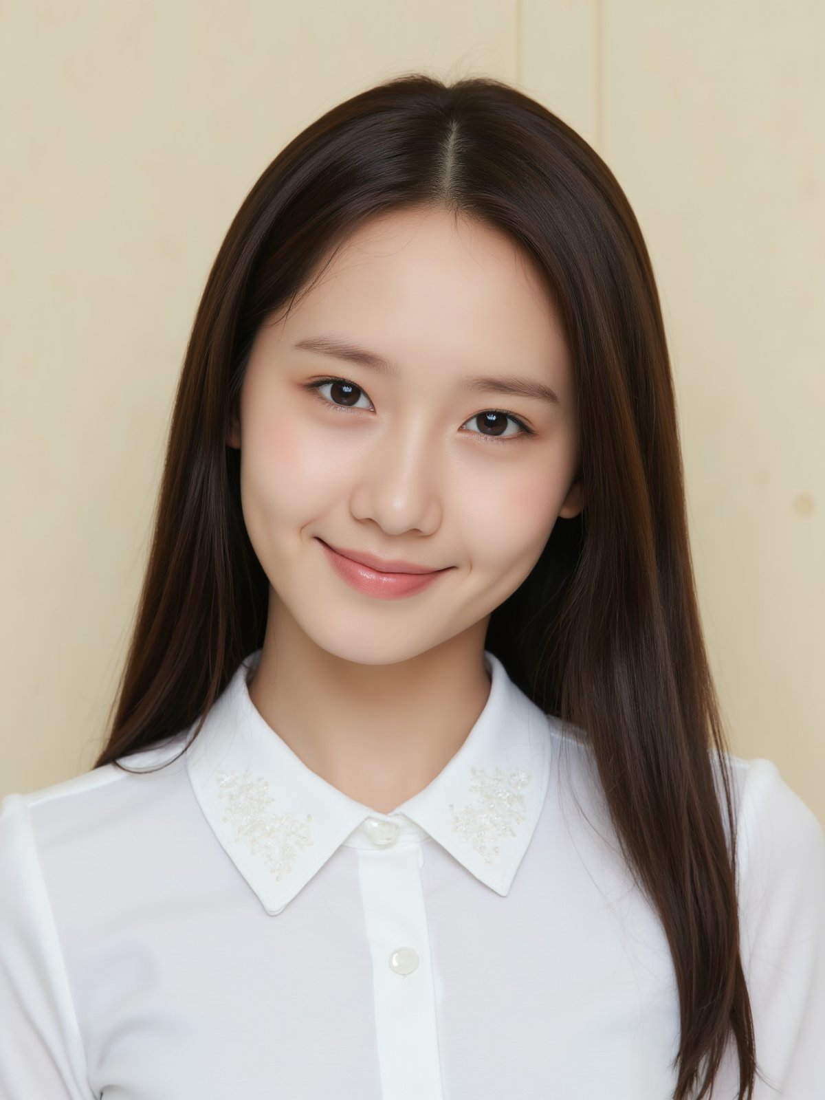 A close-up shot of a young Asian woman with long dark brown hair and brown eyes. She is wearing a white collared button down shirt with white embroidery on the collar. Her lips are a vibrant shade of pink. Her eyebrows are a light brown and her eyes are a darker shade of brown. She has a slight smile on her face. The backdrop is a light beige wall.