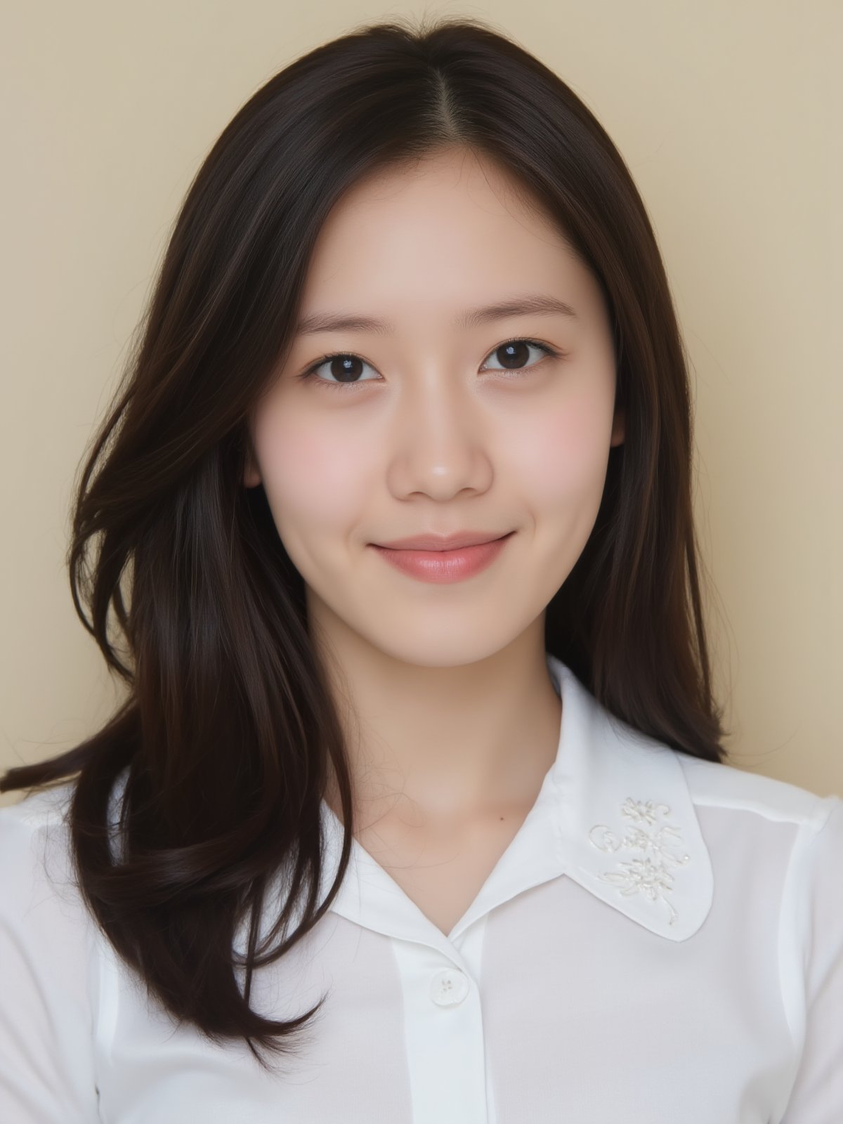 A close-up shot of a young Asian woman with long dark brown hair and brown eyes. She is wearing a white collared button down shirt with white embroidery on the collar. Her lips are a vibrant shade of pink. Her eyebrows are a light brown and her eyes are a darker shade of brown. She has a slight smile on her face. The backdrop is a light beige wall.