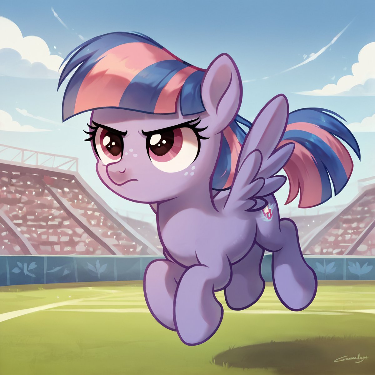 score_9, score_8_up, score_7_up, source_pony, fearingfun, hi res, (ultra hd quality details), rating_safe, solo, wind sprint, pegasus, filly, outdoors, stadium background, flying, face focus, competitive