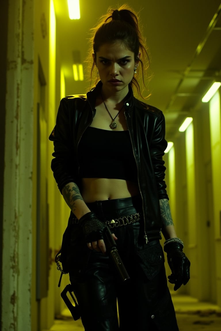 Cinematic, dramatic lighting, ultra realistic, ultra detailed textures, colors: black, white, grey, pink,  an old factory,  rebellious 19 year old beauty, her punk rock attire and edgy pose commanding attention. She has dramatic black makeup. She confidently holds a gun, she looks serious, looking at the viewer with a sinister intent as she stands front and center, bathed in yellow,  accentuates her striking features.