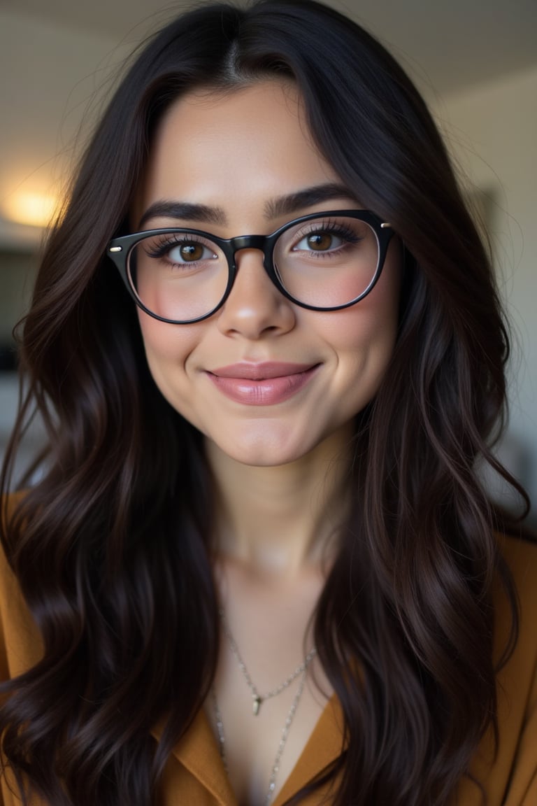  a realistic photo of a [very pretty 26 year old woman], with [long, wavy, dark hair], wearing [thick nerd glasses], light makeup, looking [innocent, cute, flushed], [light] skin