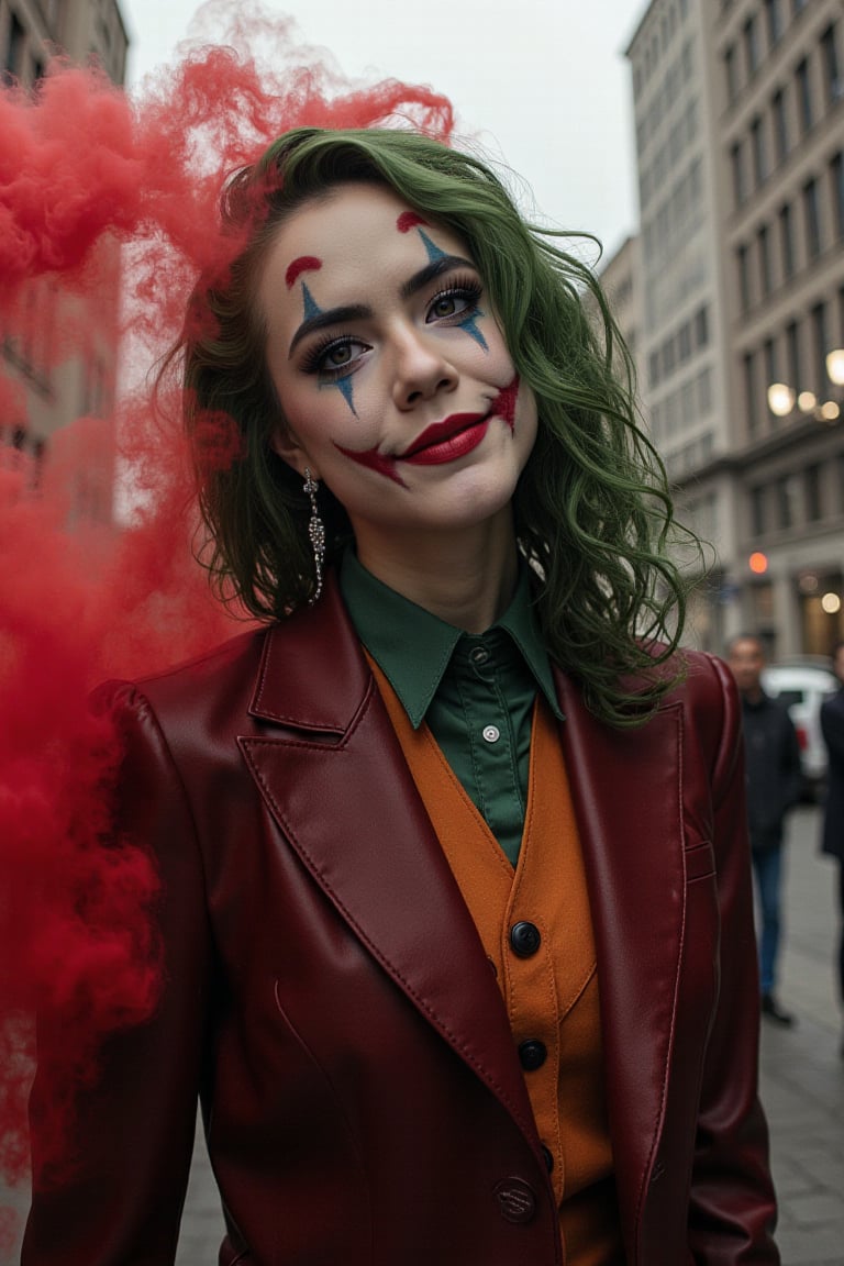 Art of a joker Joker's twisted grin wearing her makeup face,  her suit, red smoke , green hair, realistic city background 