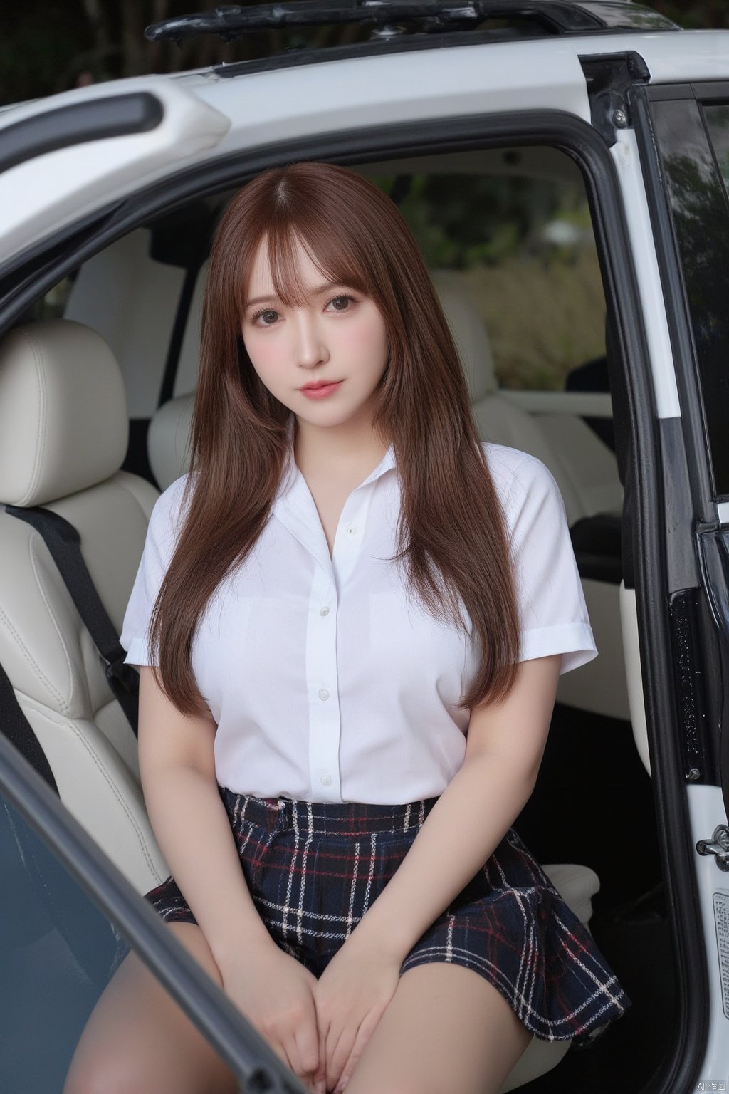 masterpiece,best quality,stunning details,realistic,1girl,idol,long hair,(high detail fair skin),big breasts,school uniform,plaid skirt,(shiny pantyhose),upper body,inside luxury car,sitting,