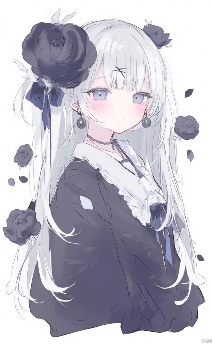 The image is an illustration of a young girl with long white hair and blue eyes. She is wearing a black dress with a white collar and a black necklace. Her hair is styled in a half-up, half-down style with a large black flower in the center. She has a pair of black earrings and a small black flower on her head. The background is white with black roses scattered around her. The overall mood of the image is dark and mysterious.