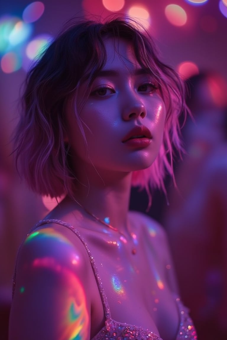 glow_skin portrait of a korean woman with pink streaks in her hair, her youthful face glowing under the UV party lights, dressed in a crop top, dancing with friends, iridescent skin, oily skin.