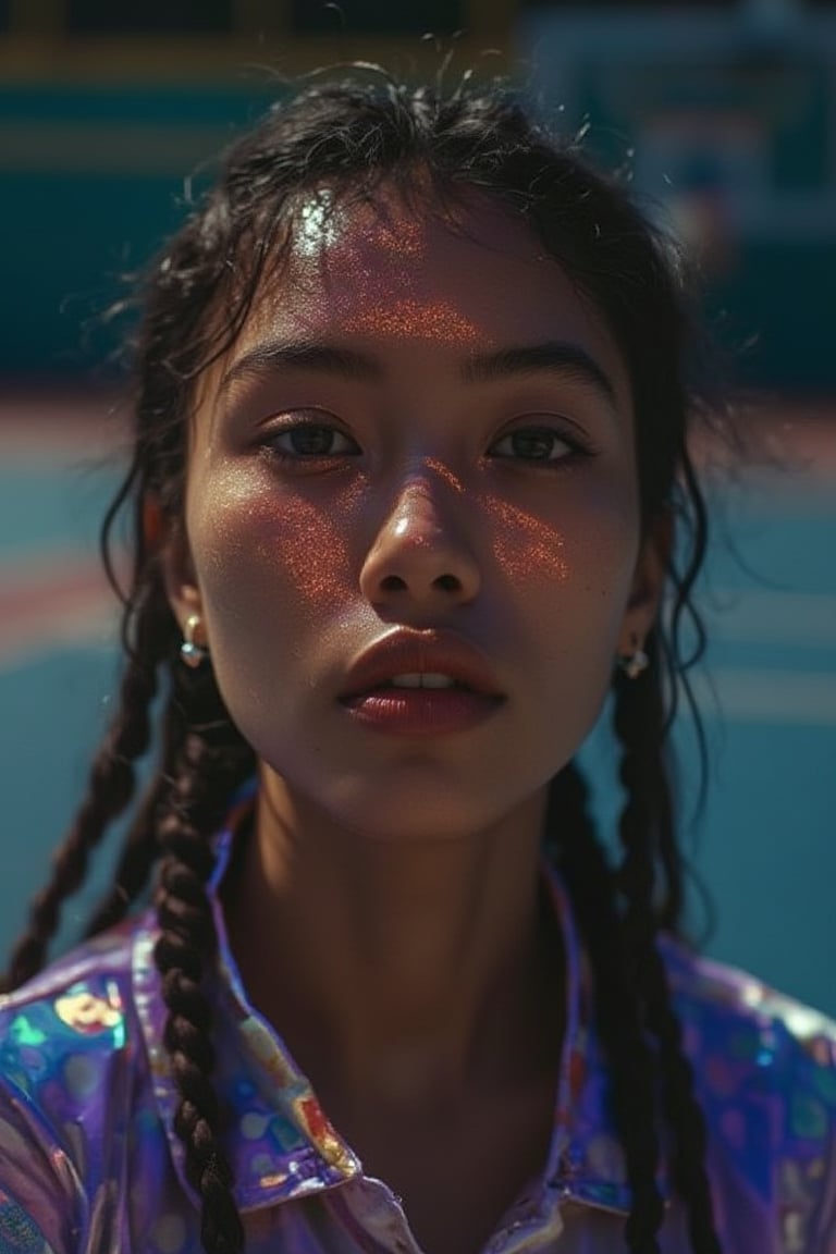 glow_skin portrait of a filipina woman with braided hair, her radiant skin shimmering under the court lights, wearing a sporty jacket while standing on a basketball court, iridescent skin, oily skin.