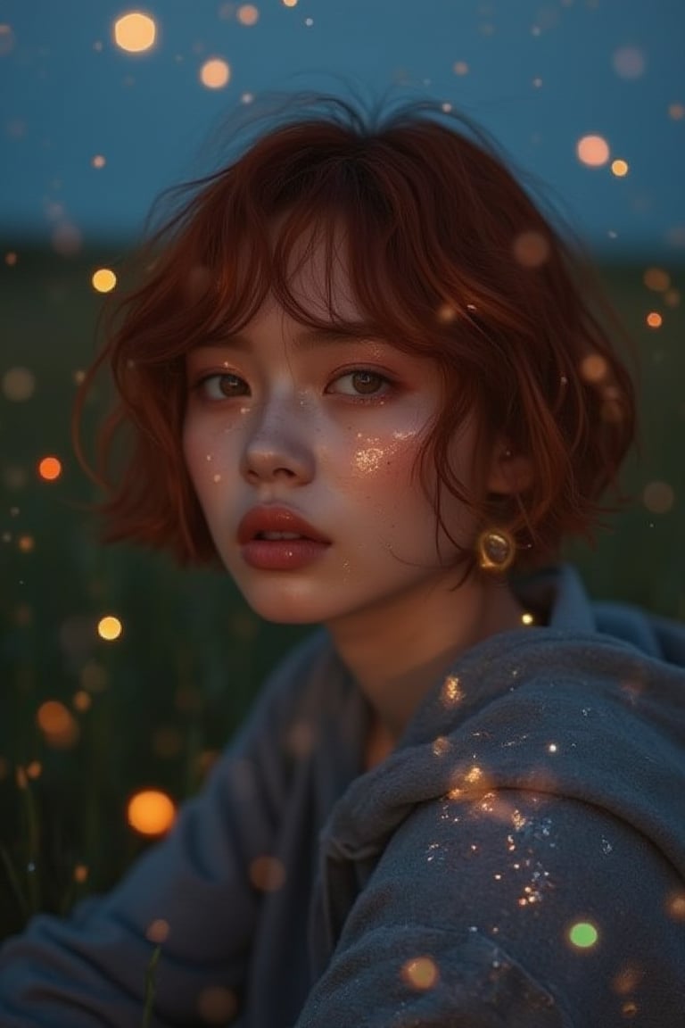 glow_skin portrait of a korean woman with short red hair, her wide eyes filled with curiosity, glowing softly in the twilight, wearing a casual hoodie amidst fireflies and glowing fields, iridescent skin, oily skin.