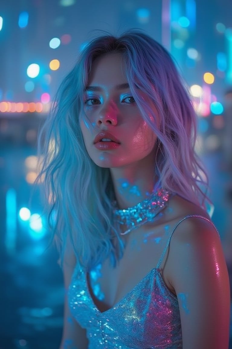 glow_skin portrait of a thai woman with pastel blue hair, her sharp eyes glowing against a futuristic cityscape as she stands on a neon bridge, wearing a sleek bodysuit, iridescent skin, oily skin.