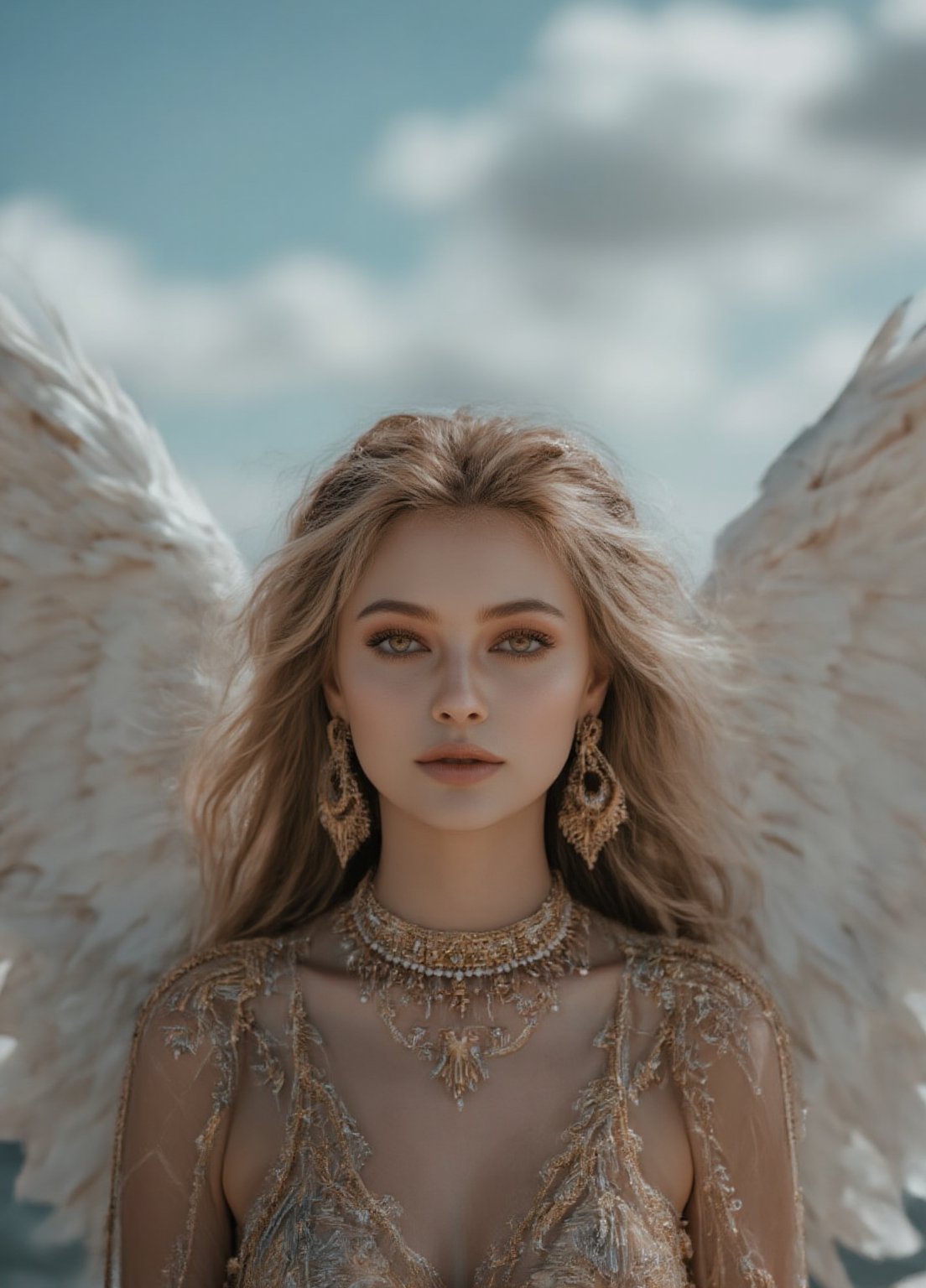 full body shot, young angel woman with yellow detailed eyes and long hair in gold jewelry, big white wings, light painting, futuristic digital, realistic sci-fi, lights, gold detailed dress, gold lashes, diamond, ethereal, misty, holographic, sky with white clouds on background,glitter,Midjourney_Whisper,Details ,Texture ,32k,HD ,Eyes details ,Face details 