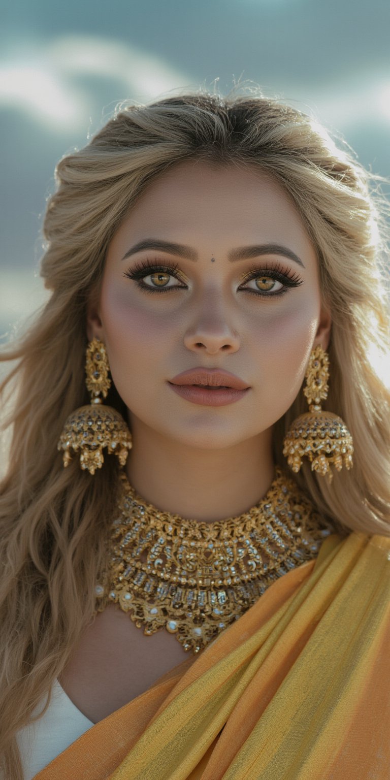 full body shot, young angel woman with yellow detailed eyes and long hair in gold jewelry, big white wings, light painting, futuristic digital, realistic sci-fi, saree navel,  lights, gold detailed dress, gold lashes, diamond, ethereal, misty, holographic, sky with white clouds on background,glitter,Midjourney_Whisper,Details ,Texture ,32k,HD ,Eyes details ,Face details 