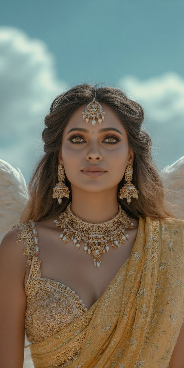 full body shot, young angel woman with yellow detailed eyes and long hair in gold jewelry, big white wings, light painting, futuristic digital, realistic sci-fi, saree navel,  lights, gold detailed dress, gold lashes, diamond, ethereal, misty, holographic, sky with white clouds on background,glitter,Midjourney_Whisper,Details ,Texture ,32k,HD ,Eyes details ,Face details 