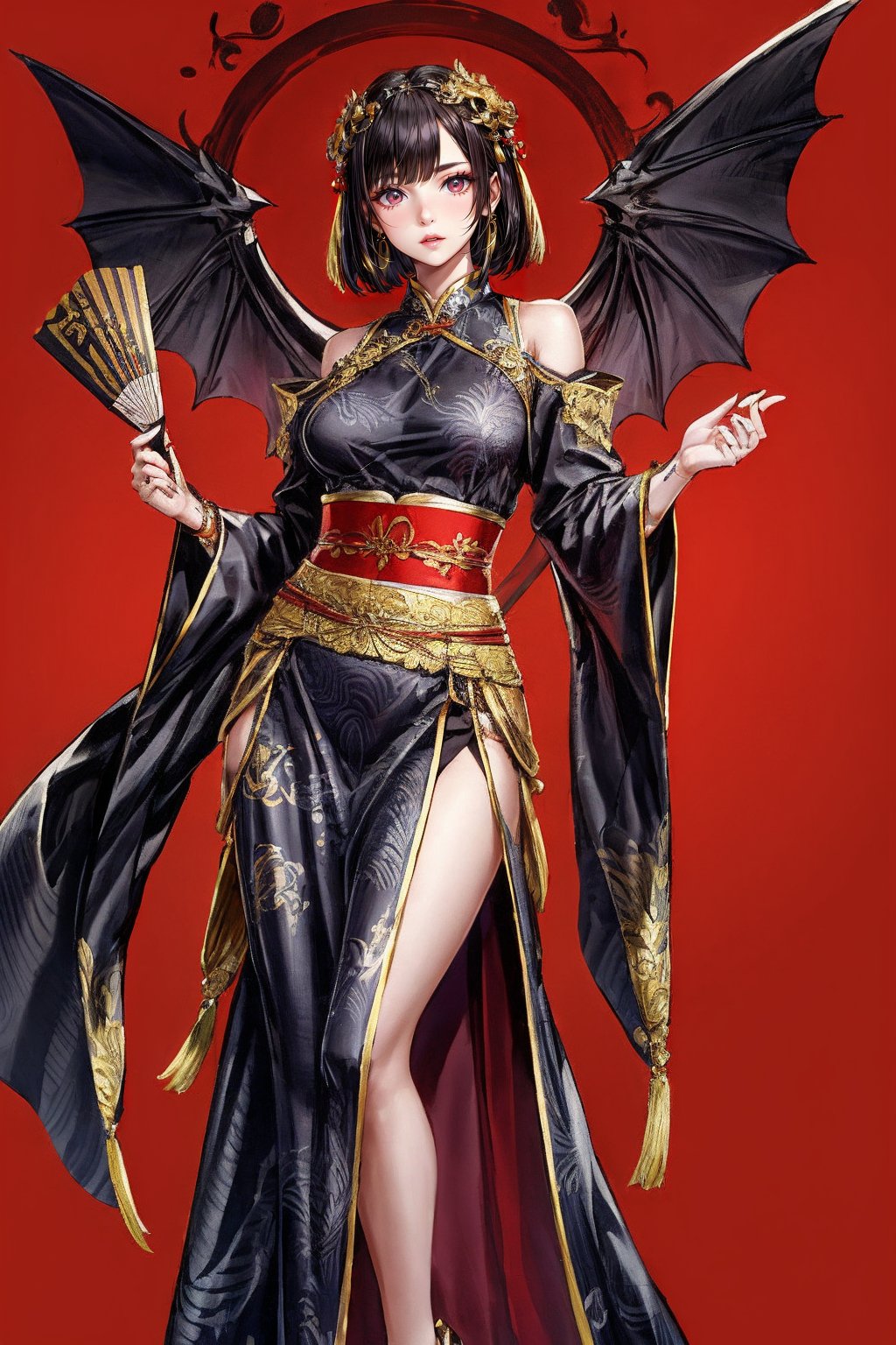 A woman wearing a black Chinese dress with gold accessories is captured at eye level against a vibrant red background. Her hair was styled into a sleek bob, adding a touch of glamor to the scene. Her dress was adorned with a giant dragon-like creature, its wings spread out behind her. The woman's dress is covered with flowing black and gold patterns, and she has a black belt tied around her waist. She holds a golden fan in her left hand,wengirl,hanfu,wenanime