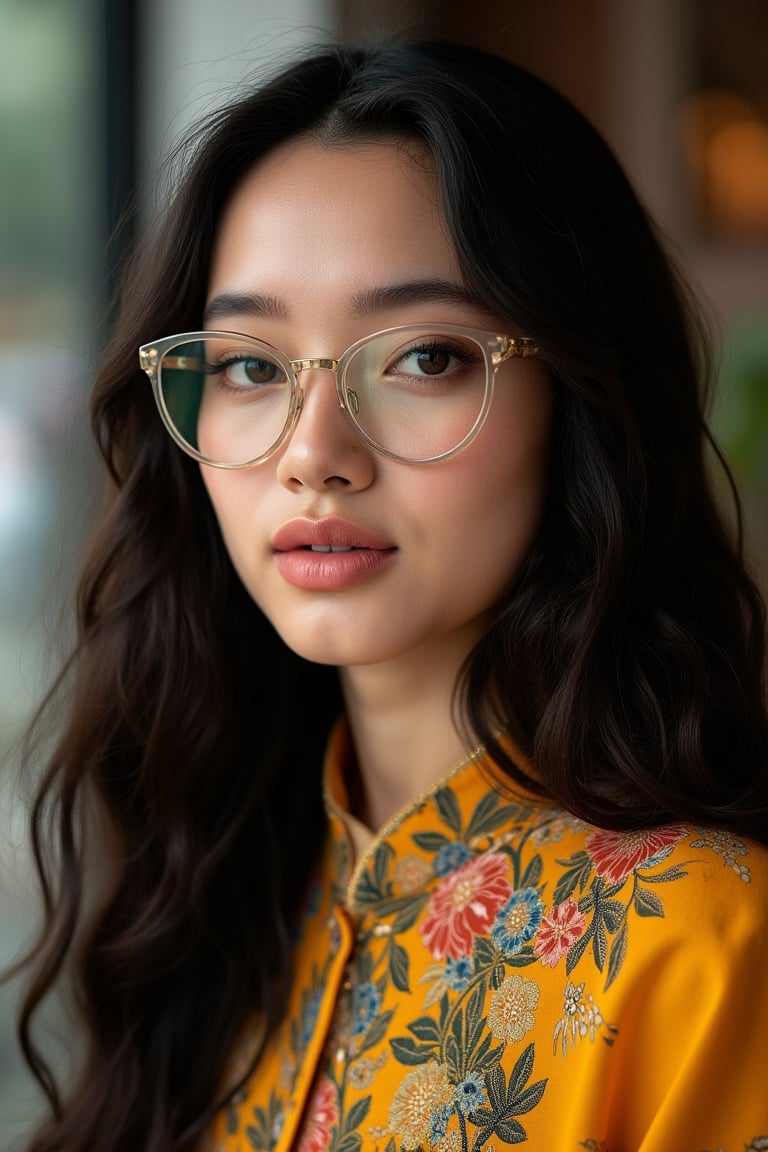 A realistic photo of a [very pretty 26 year old malay woman], with [long, wavy, dark hair], wearing [thick nerd glasses] with ((baju kurung melayu malaysia)), light makeup, looking [innocent, cute, flushed], [light] skin