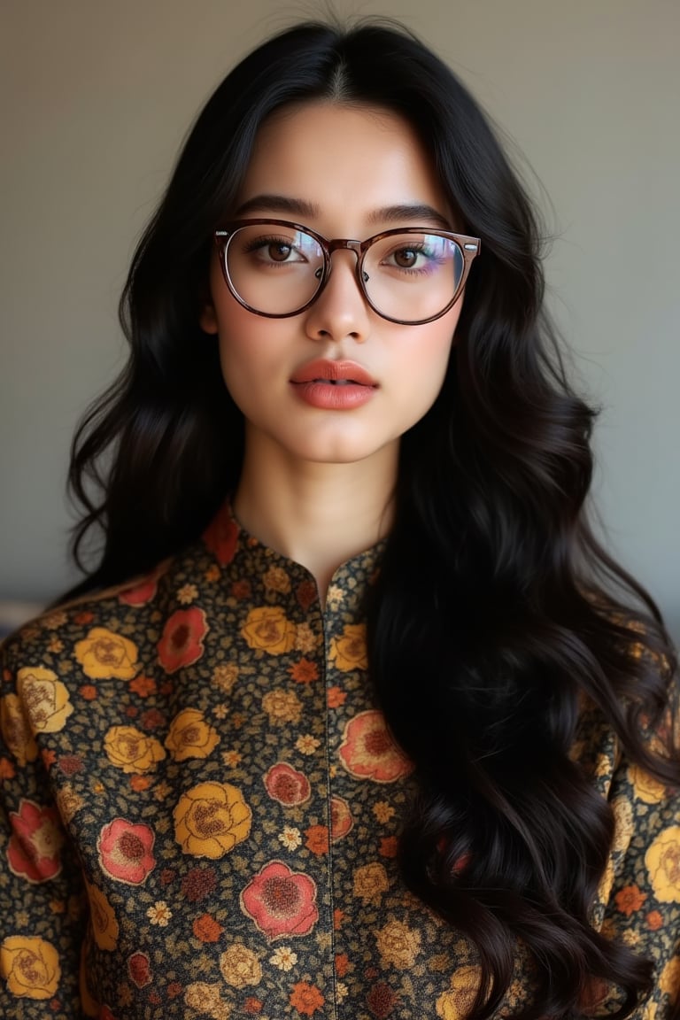 A realistic photo of a [very pretty 26 year old malay woman], with [long, wavy, dark hair], wearing [thick nerd glasses] with ((baju kurung melayu malaysia)), light makeup, looking [innocent, cute, flushed], [light] skin