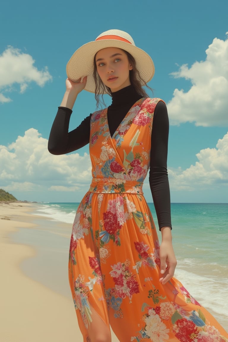 Here's a prompt based on your description:

A serene Pixomeda-style portrait of a radiant woman standing on a warm sandy beach, surrounded by the gentle lapping of ocean waves. She wears a stunning orange floral dress with a black long-sleeved top underneath, flowing skirt and vibrant red, pink, and white flower pattern against light brown skin. A white sun hat with a bright red ribbon adorns her head, framing playful pouting lips and pulled-back hair. The bright blue sky with scattered white clouds and natural textured sand create a cheerful atmosphere, capturing the woman's relaxed and carefree demeanor.