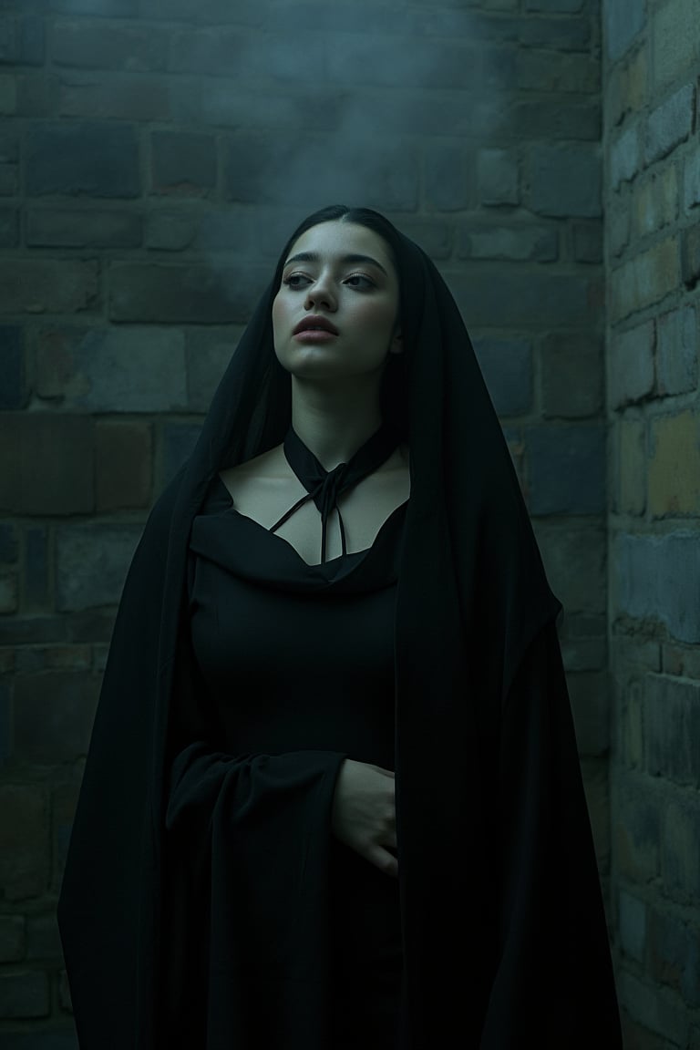 Here's the prompt:

Echoes of Despair: A haunting, RAW candid cinema piece featuring a female model in a dark, ethereal gown and flowing cape, imprisoned within Azkaban's walls. The subject's ghostly pallor and distant gaze evoke despair and longing for freedom, with symbolic makeup adorning her eyes and lips. A choker around her neck signifies isolation, while the flickering shroud behind her represents fading hope. Shot on 16mm portra 400 film, this avant-garde piece masterfully blends beauty and darkness, capturing ultra-realistic skin texture, detailed pupils, and realistic skin noise, with visible skin detail and fuzz.