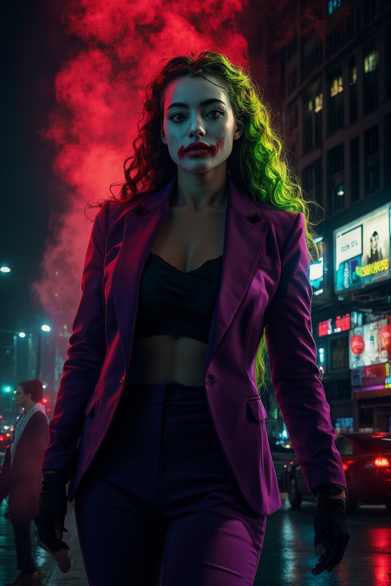 Art of a joker Joker's twisted grin wearing her makeup face, joker face makeup, purple her suit, black glove, red smoke, her green messy long hairstyle, serious badas pose, dark night, neon light city, cyberpunk realistic city background 