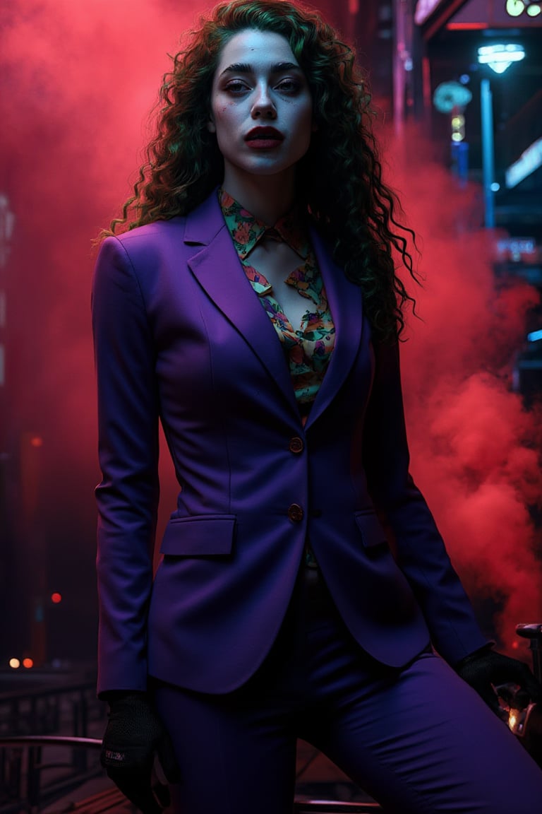 Art of a joker Joker's twisted grin wearing her makeup face, joker face makeup, purple her suit, black glove, red smoke, her green messy long hairstyle, serious badas pose, dark night, neon light city, cyberpunk realistic city background 