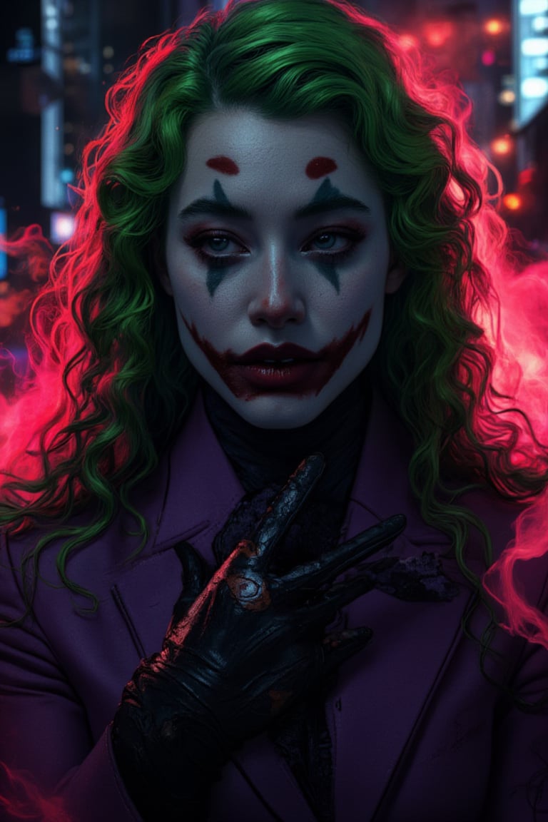 Art of a joker Joker's twisted grin wearing her makeup face, joker face makeup, purple her suit, black glove, red smoke, her green messy long hairstyle, serious badas pose, dark night, neon light city, cyberpunk realistic city background 