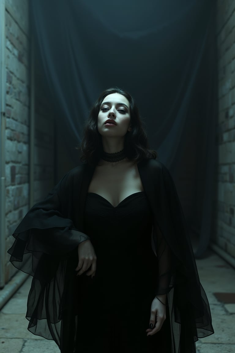 Here's the prompt:

Echoes of Despair: A haunting, RAW candid cinema piece featuring a female model in a dark, ethereal gown and flowing cape, imprisoned within Azkaban's walls. The subject's ghostly pallor and distant gaze evoke despair and longing for freedom, with symbolic makeup adorning her eyes and lips. A choker around her neck signifies isolation, while the flickering shroud behind her represents fading hope. Shot on 16mm portra 400 film, this avant-garde piece masterfully blends beauty and darkness, capturing ultra-realistic skin texture, detailed pupils, and realistic skin noise, with visible skin detail and fuzz.