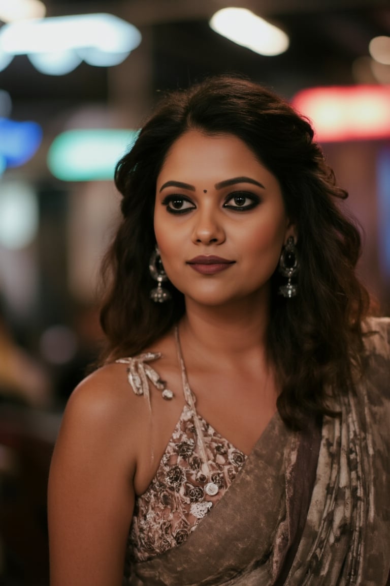 A woman posing confidently, radiant in a metallic dress with digital patterns and neon accents, against a blurred backdrop of vintage circuitry and neon lights. Soft, warm lighting highlights her features,  reflecting a digital glow. Her stylish gaze is set off by the retro-futuristic atmosphere, as if stepping out of a 1980s time capsule.,NeemoFairy,Liminal Space,Ambience Steampunk,Mallu beauty,Realistic 