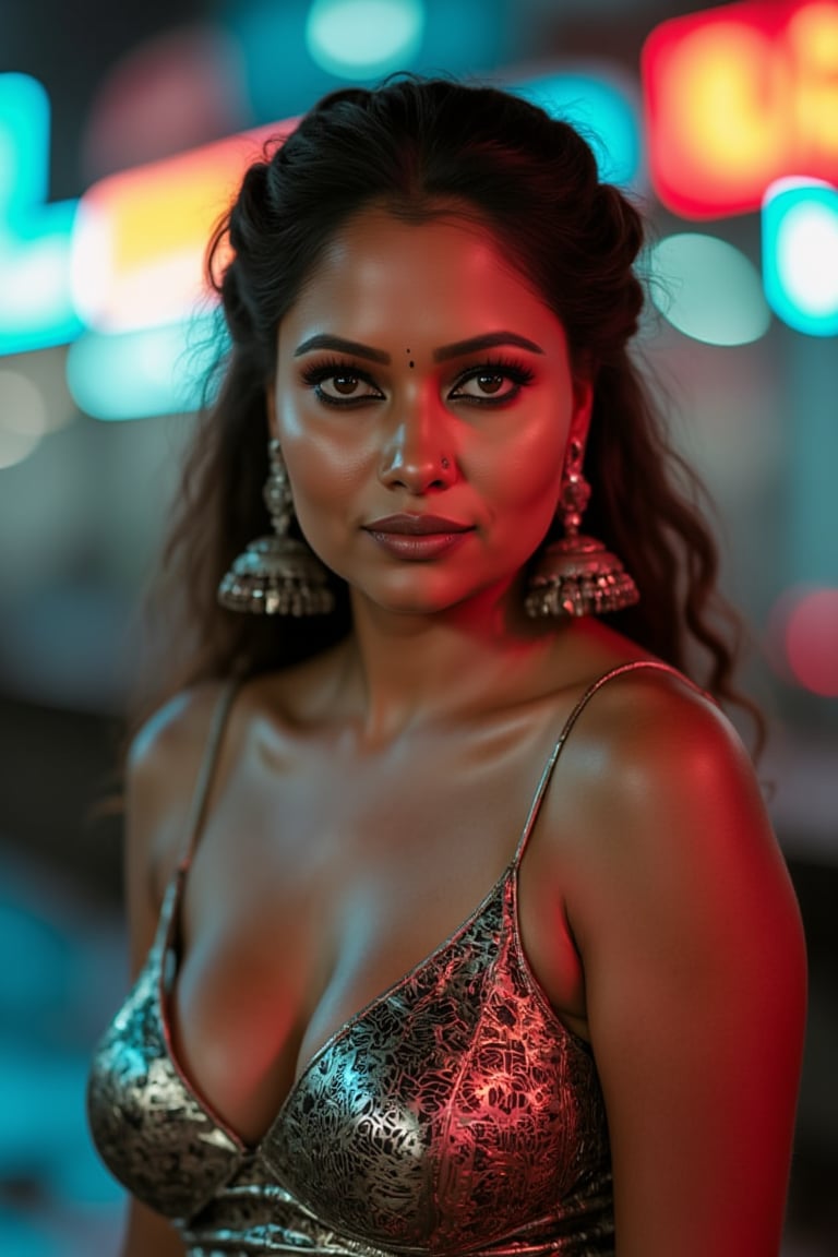 A woman posing confidently, radiant in a metallic dress with digital patterns and neon accents, against a blurred backdrop of vintage circuitry and neon lights. Soft, warm lighting highlights her features,  reflecting a digital glow. Her stylish gaze is set off by the retro-futuristic atmosphere, as if stepping out of a 1980s time capsule.,NeemoFairy,Liminal Space,Ambience Steampunk,Mallu beauty 