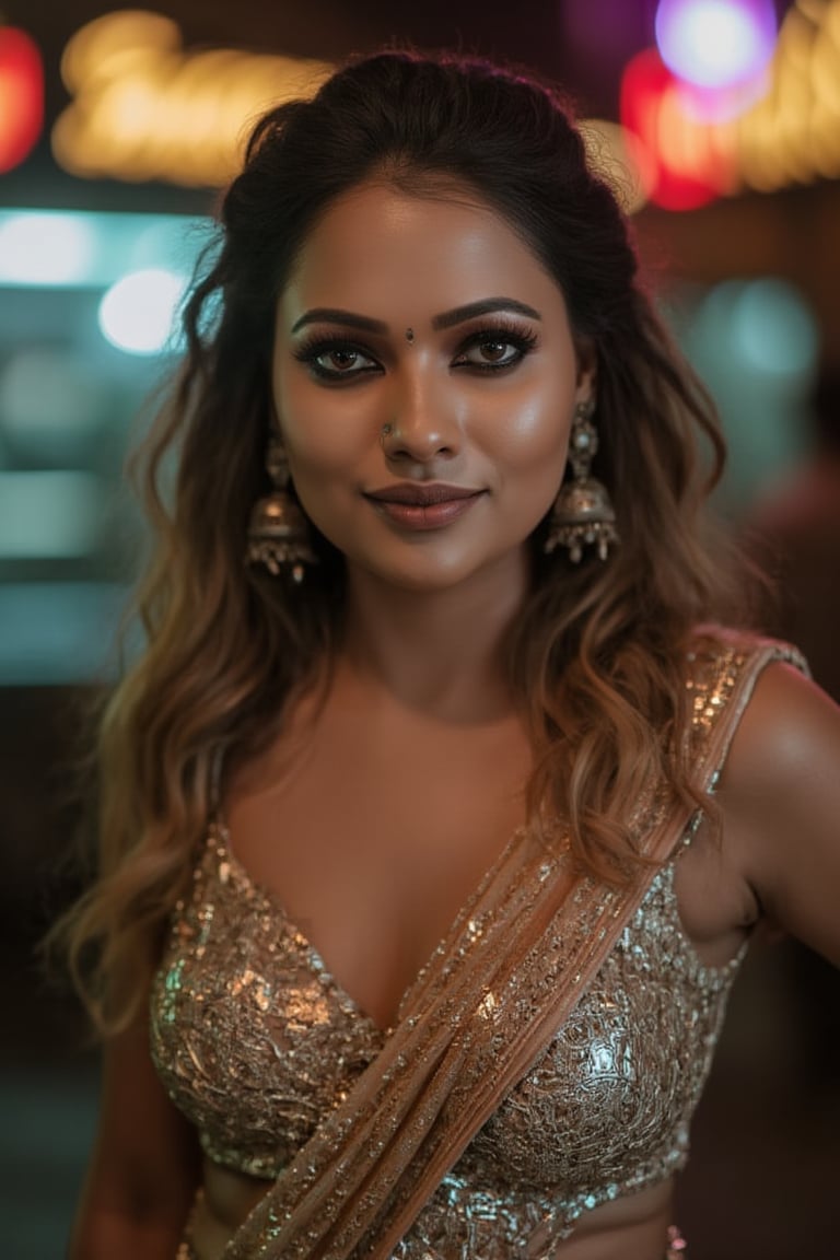 A woman posing confidently, radiant in a metallic dress with digital patterns and neon accents, against a blurred backdrop of vintage circuitry and neon lights. Soft, warm lighting highlights her features,  reflecting a digital glow. Her stylish gaze is set off by the retro-futuristic atmosphere, as if stepping out of a 1980s time capsule.,NeemoFairy,Liminal Space,Ambience Steampunk,Mallu beauty 