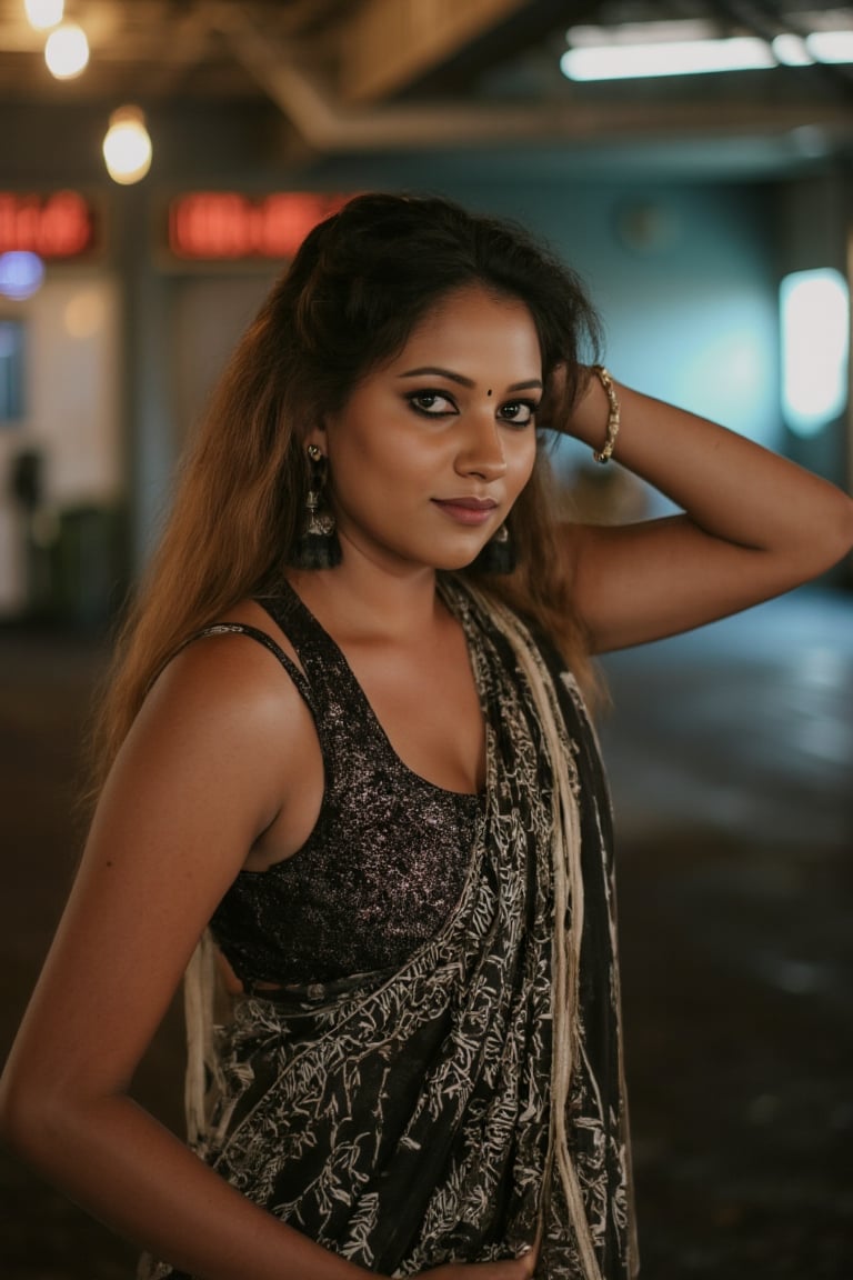 A woman posing confidently, radiant in a metallic dress with digital patterns and neon accents, against a blurred backdrop of vintage circuitry and neon lights. Soft, warm lighting highlights her features,  reflecting a digital glow. Her stylish gaze is set off by the retro-futuristic atmosphere, as if stepping out of a 1980s time capsule.,NeemoFairy,Liminal Space,Ambience Steampunk,Mallu beauty,Realistic 